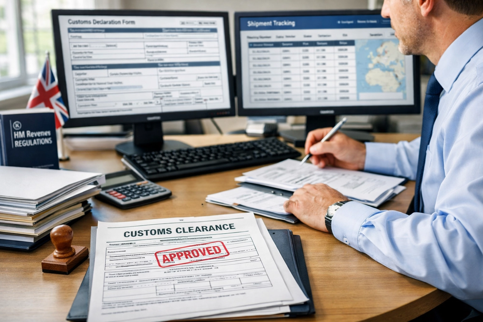 Manchester customs clearance agent reviewing shipping documentation and forms