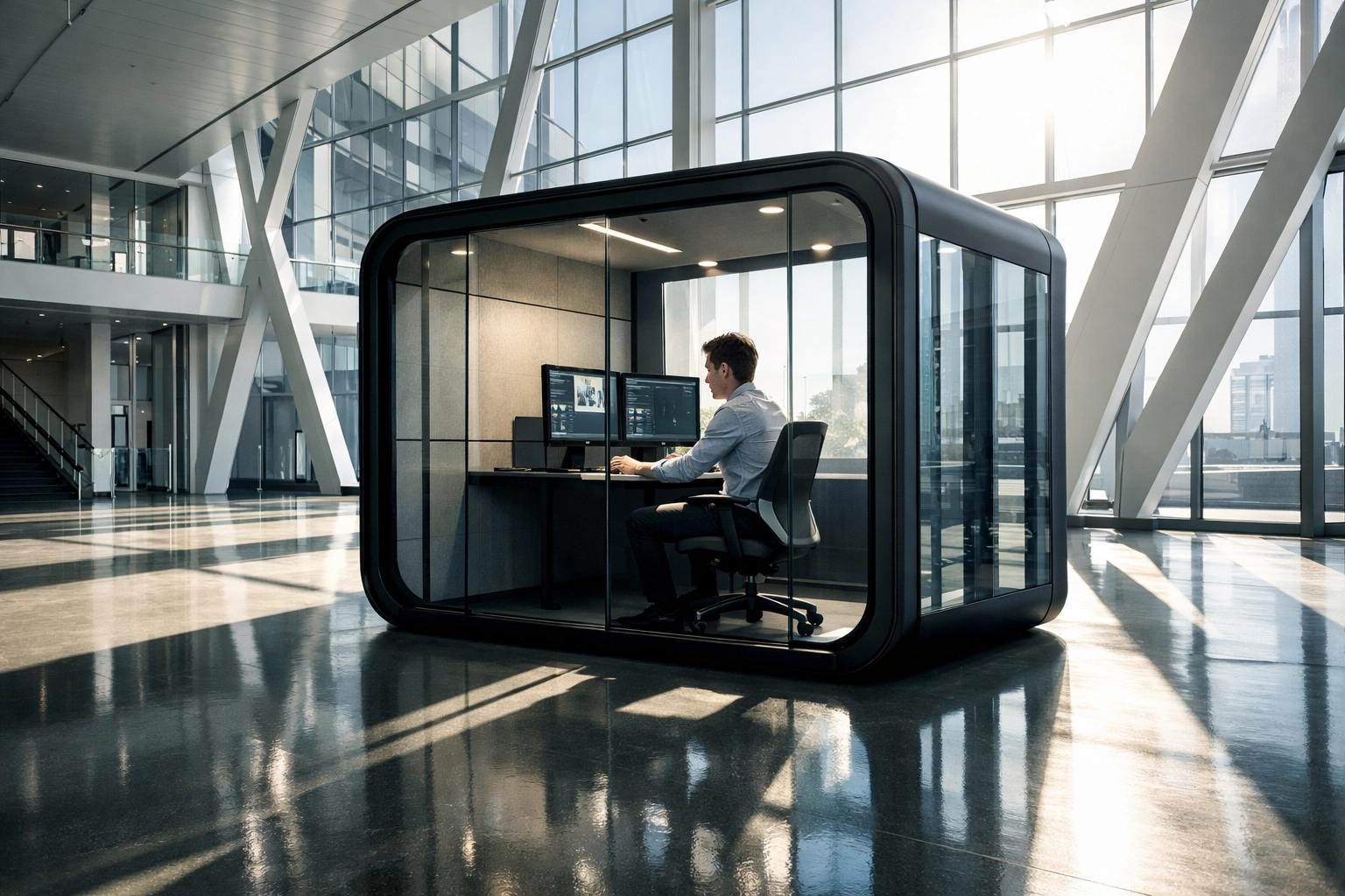 Modern glass work pod in a bright hall, showing a professional at a specialized high-tech workstation.