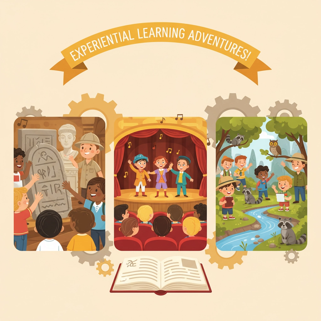 Children explore history, perform on stage, and enjoy nature in vibrant scenes. Text reads: Experiential Learning Adventures!