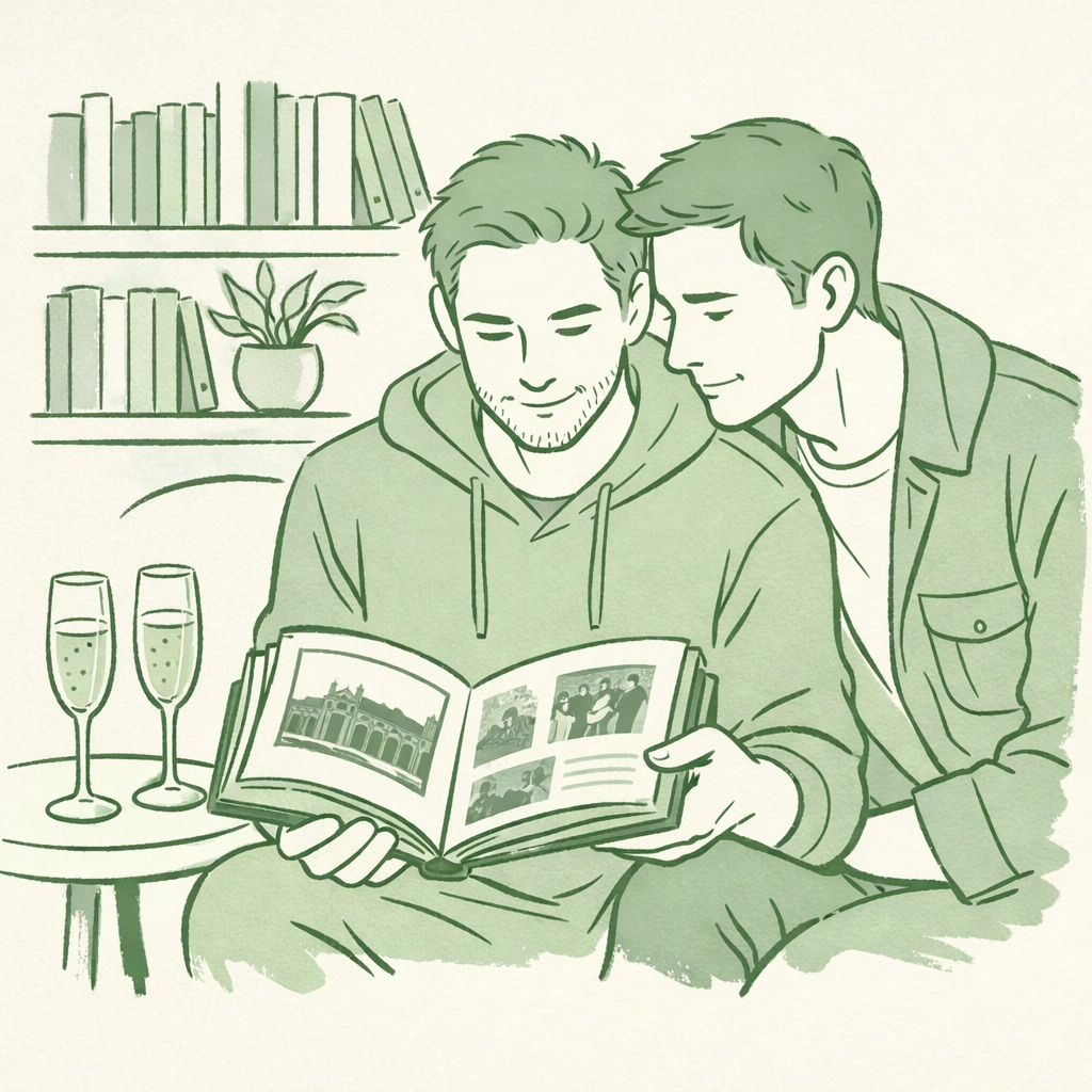 Gay couple reads LGBTQ historical romance novels with champagne in modern setting