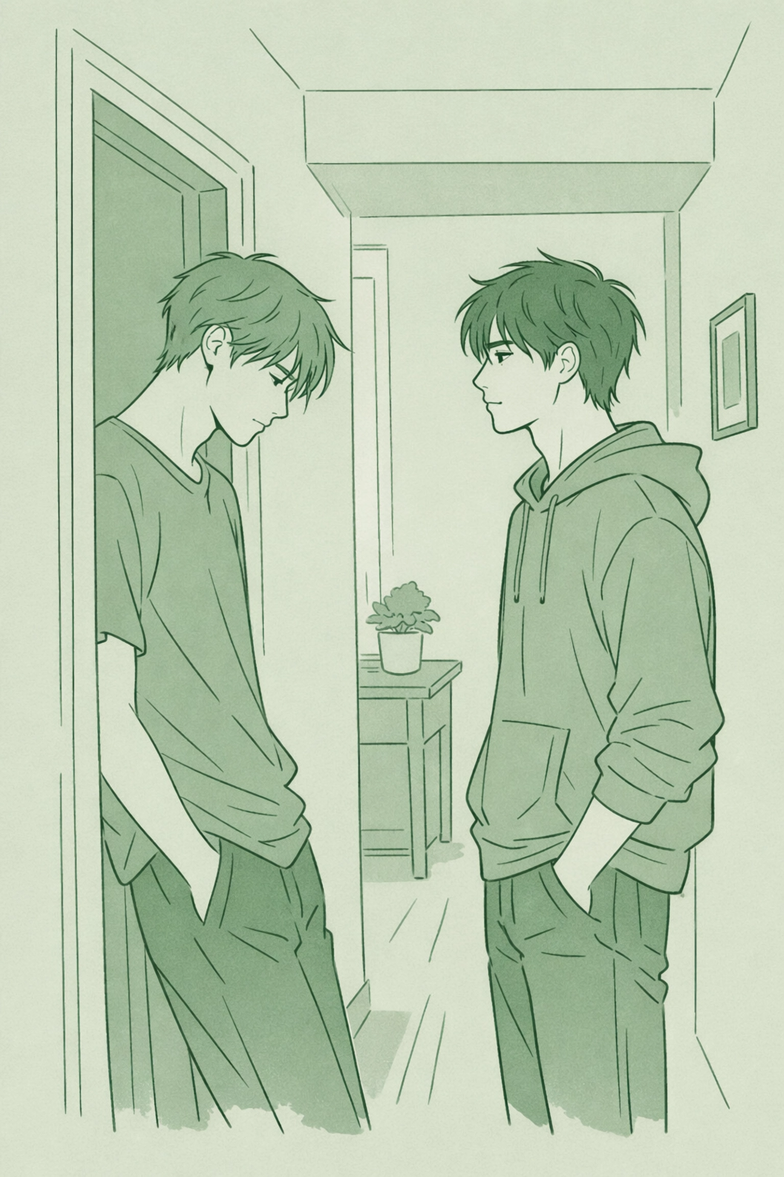Step-brothers in hallway showing longing and restraint in gay contemporary romance