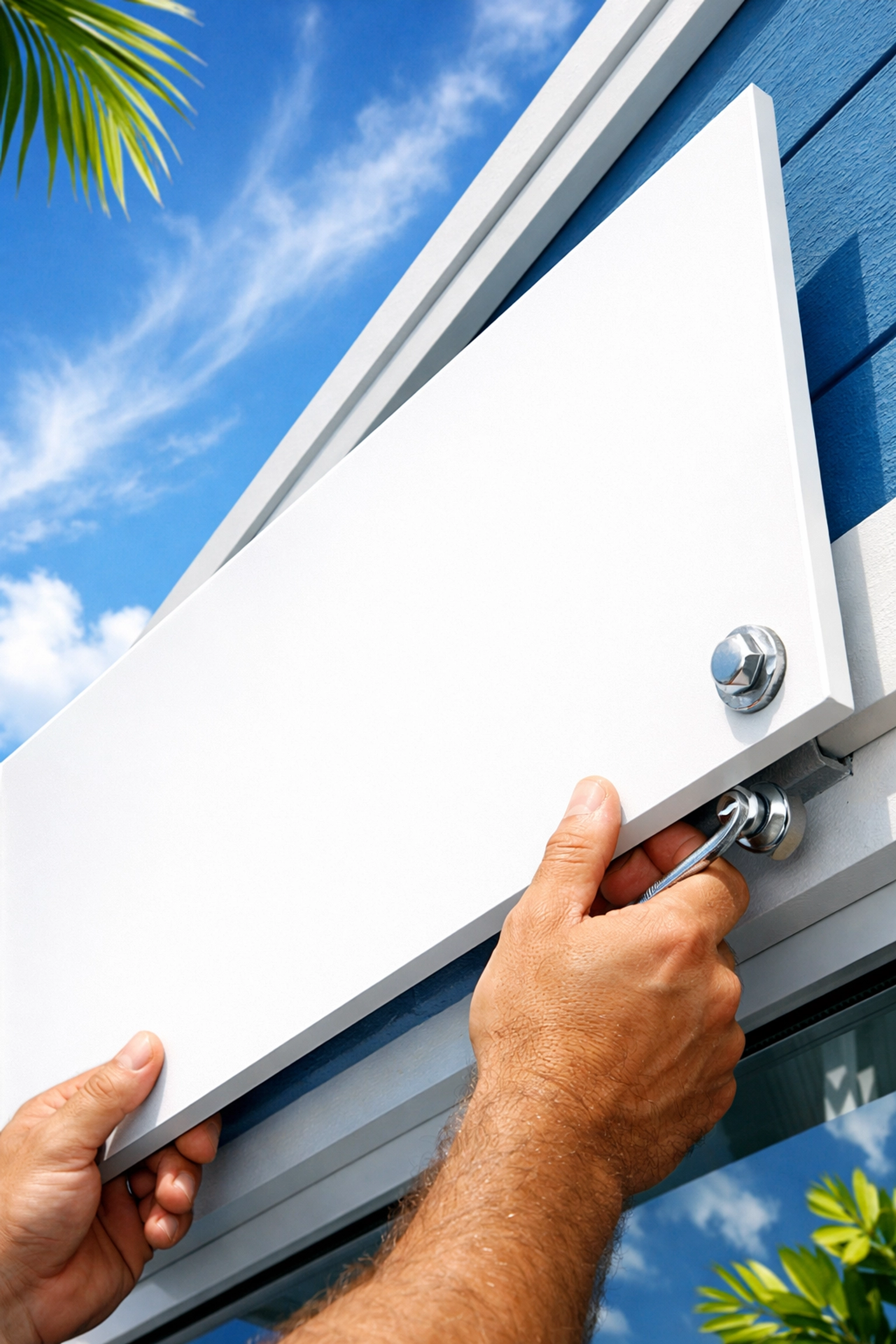 Professional installing white PVC storefront sign on Kona business building