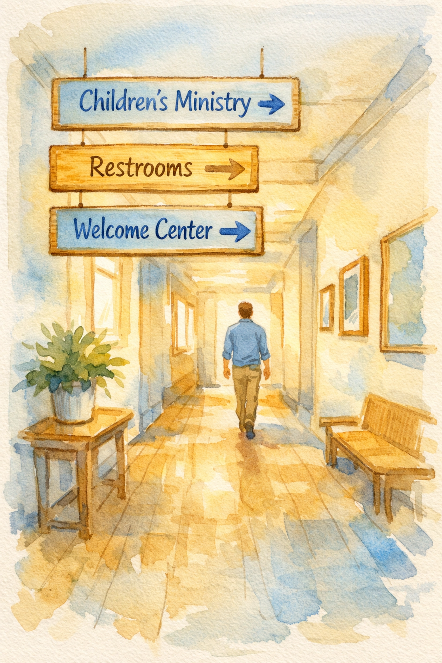 Church hallway with clear directional signage guiding first-time guests to key areas