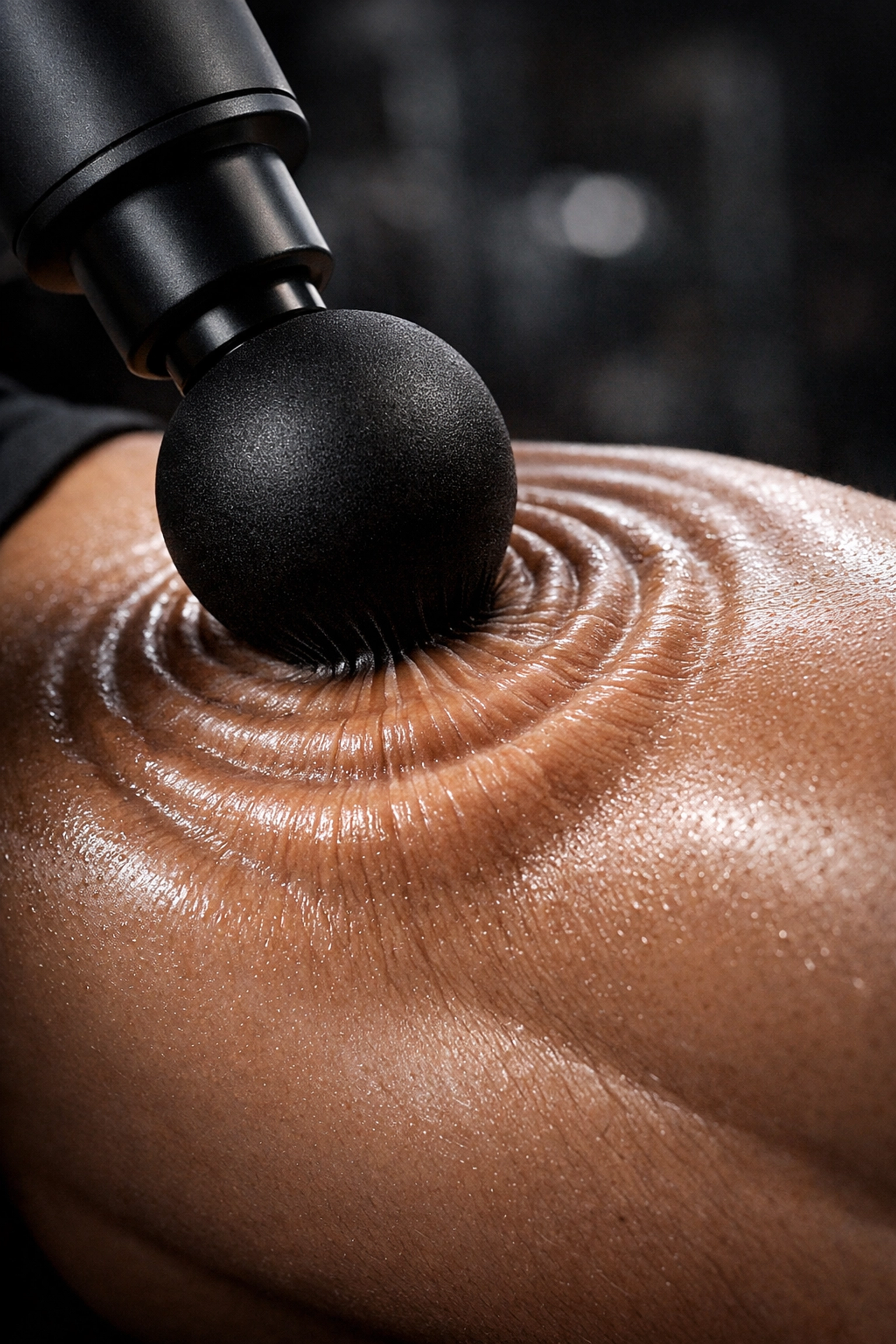 Percussive massage gun treating an athlete's quadriceps muscle to alleviate soreness and pain.