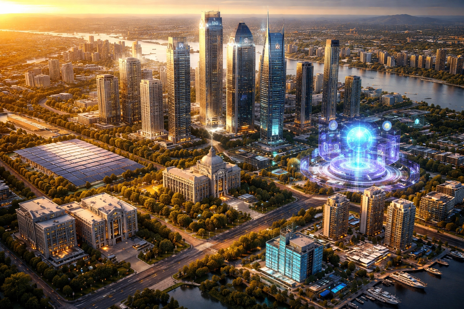 Cityscape symbolizing a diversified investment portfolio with public equities, fixed income, and alternative assets