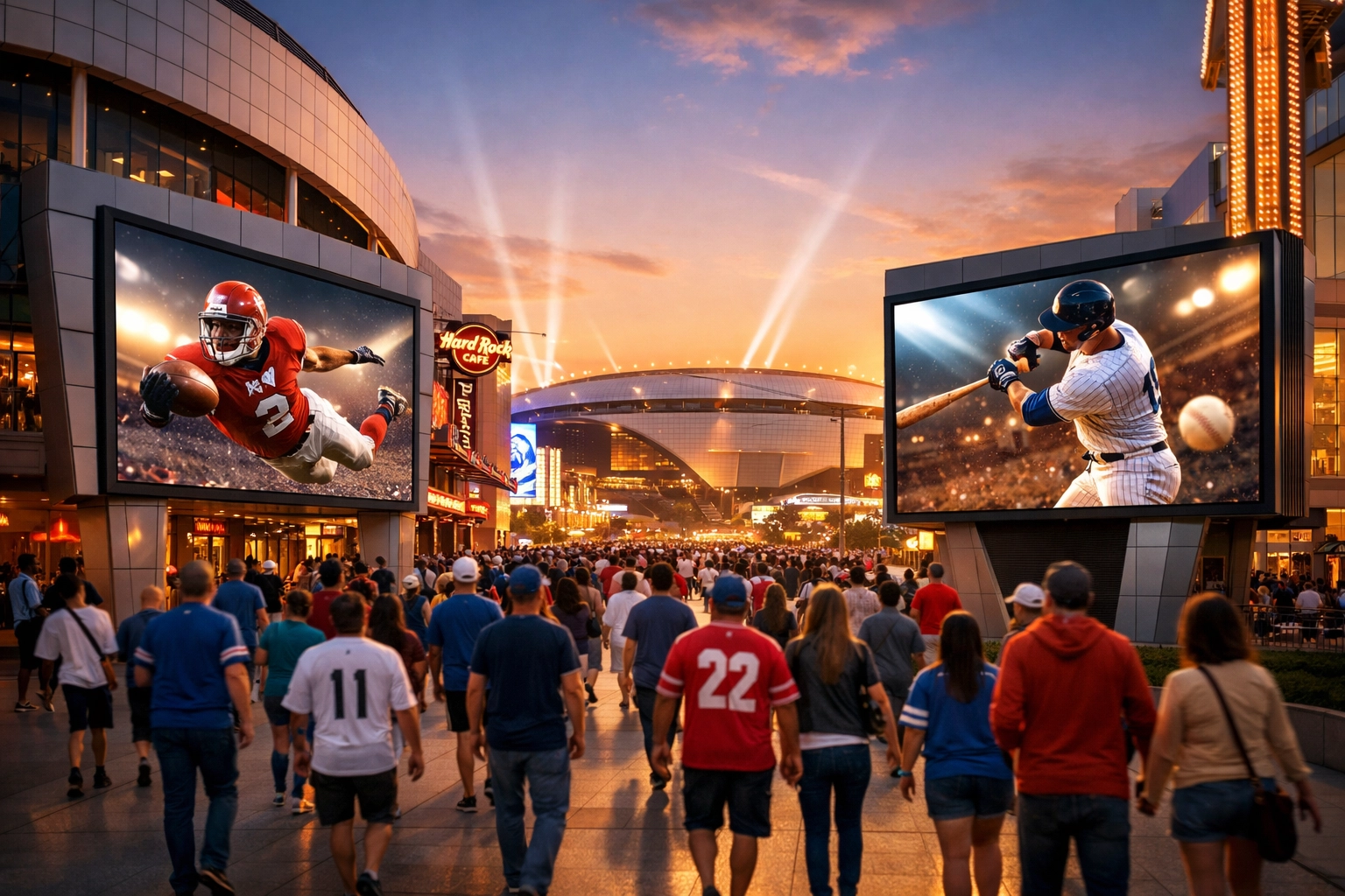 Digital OOH screens in a bustling sports entertainment district near a stadium filled with fans.