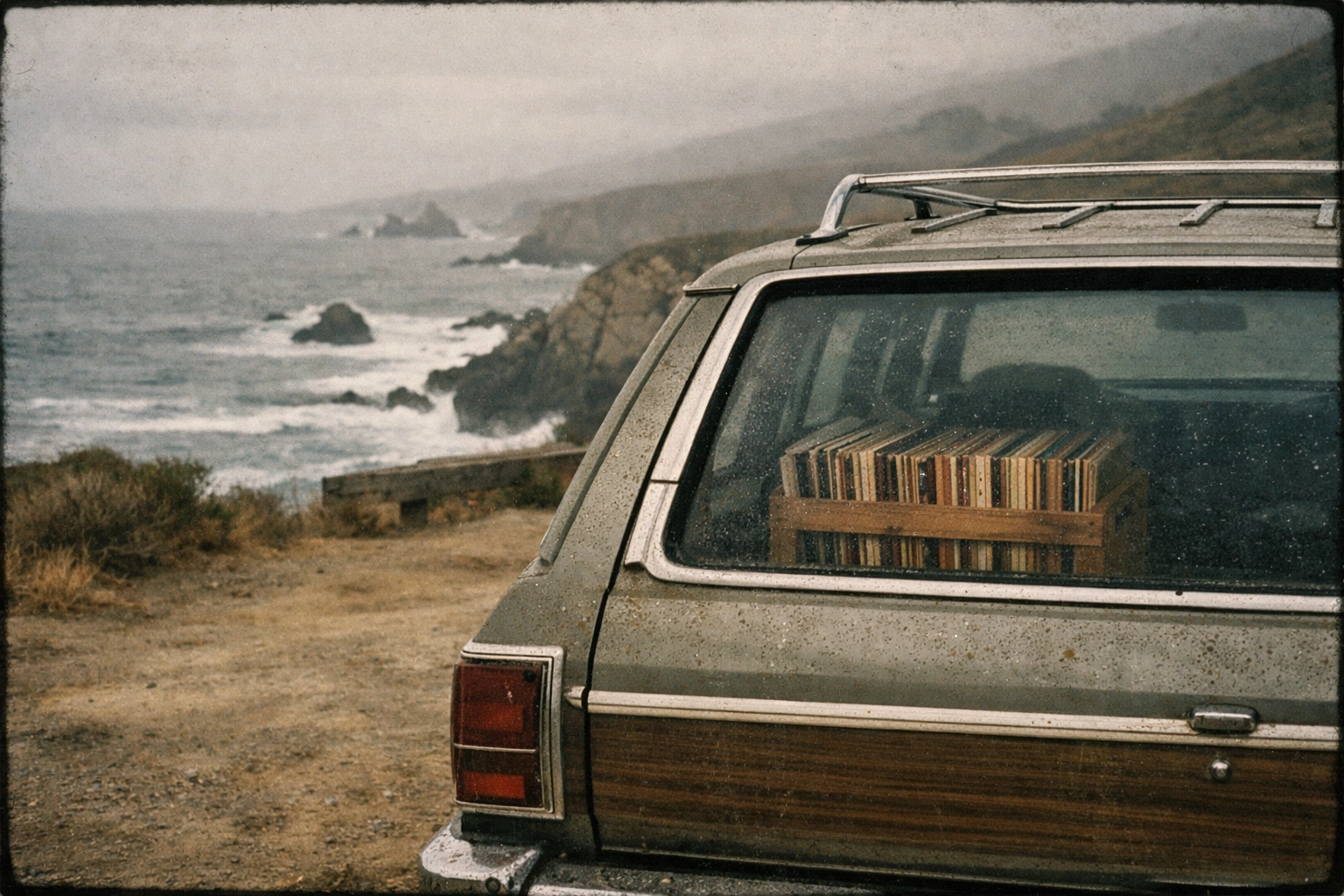 Vintage car with a crate of vinyl records parked along the rugged Northern California coast.