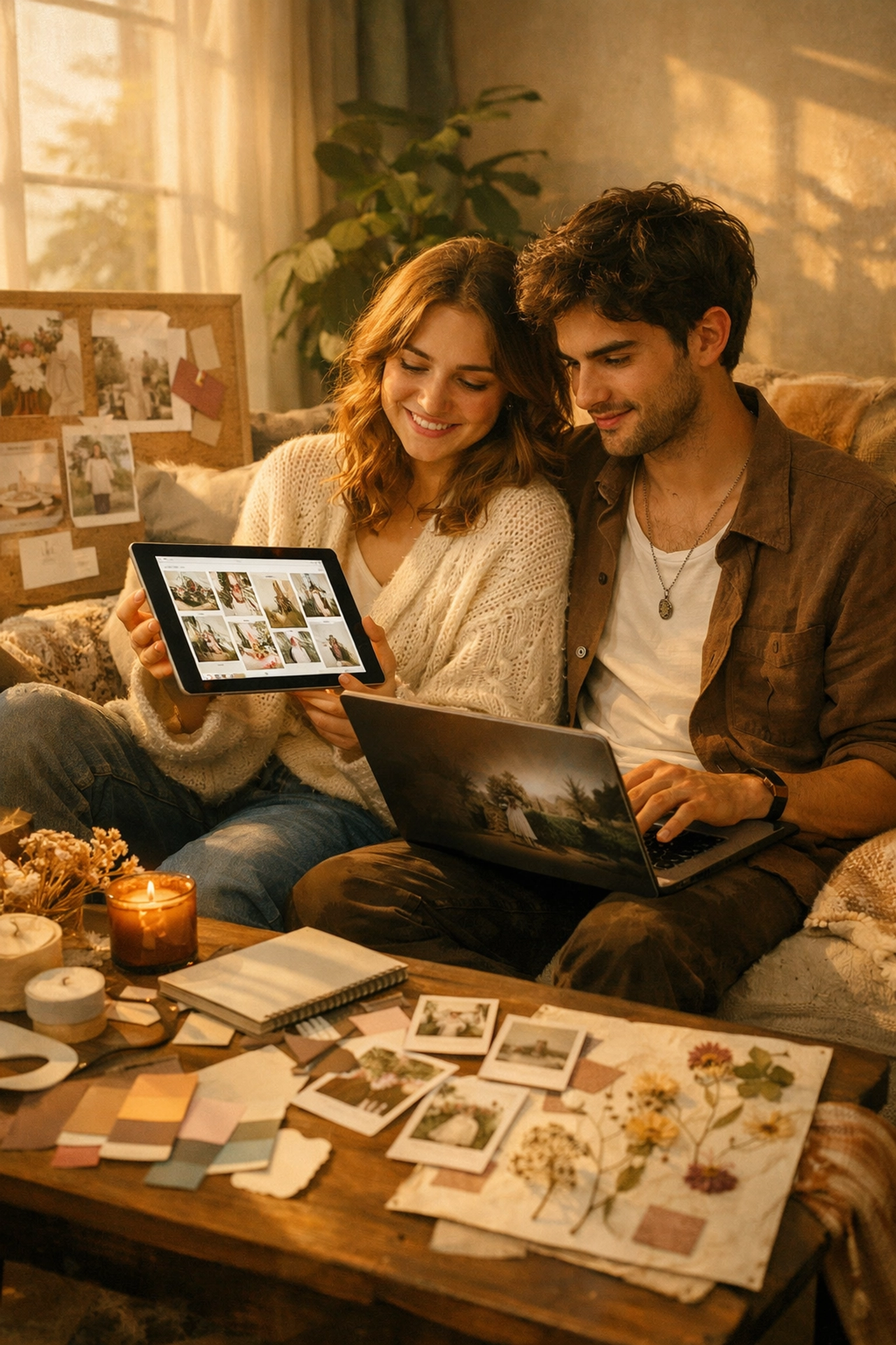 Engaged couple planning 2027 wedding with inspiration boards and date selection materials