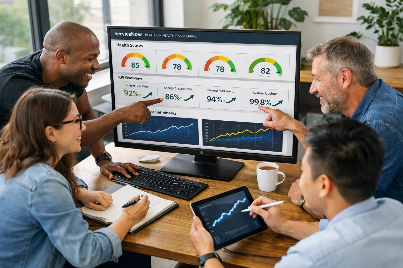 ServiceNow consulting team analyzing platform health scores and performance benchmarks together