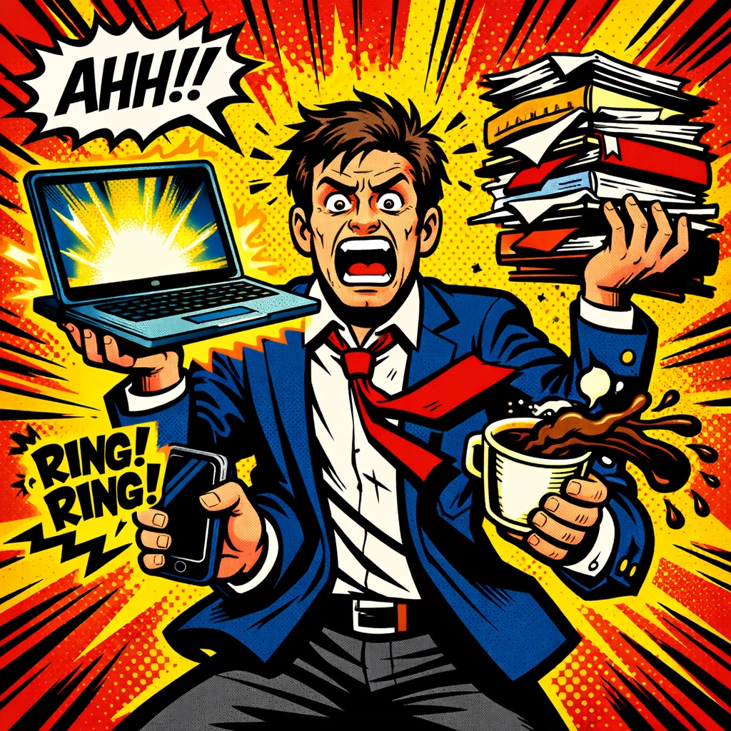 Stressed small business owner juggling manual tasks like data entry and lead management before AI automation.