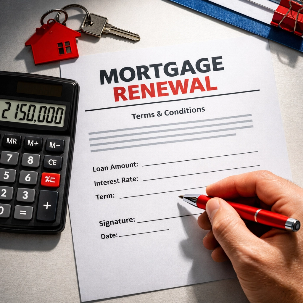 Hand signing mortgage renewal document with calculator showing higher interest rates