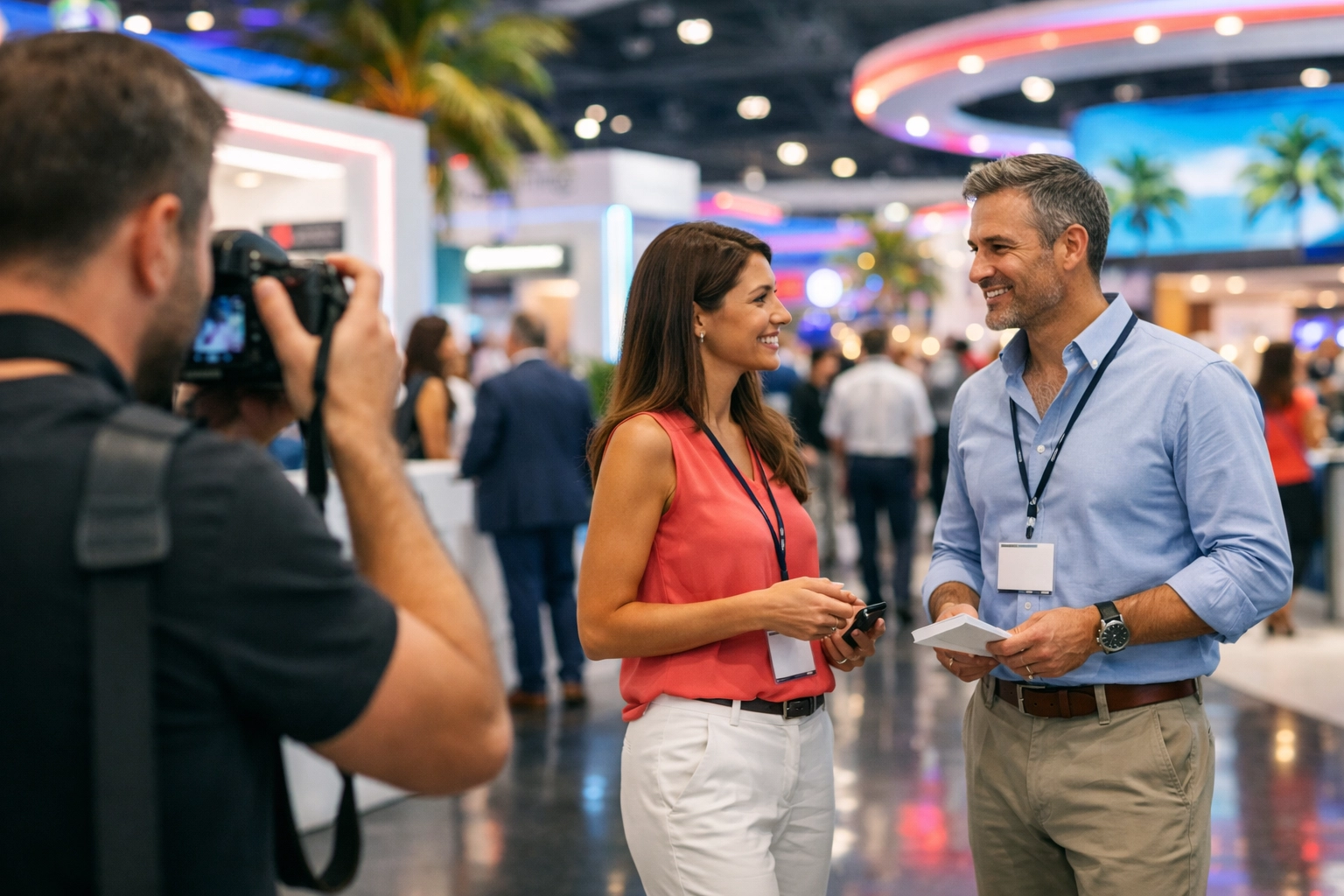 A trade show photographer Miami capturing candid networking moments at a modern corporate event exhibition.