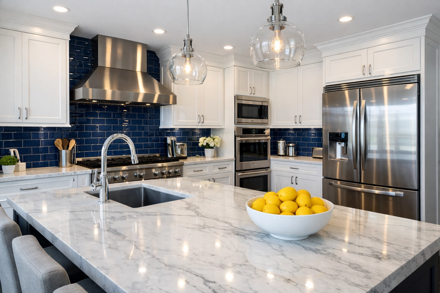 Spotless luxury kitchen with marble counters after a professional House Cleaning Framingham MA deep clean.