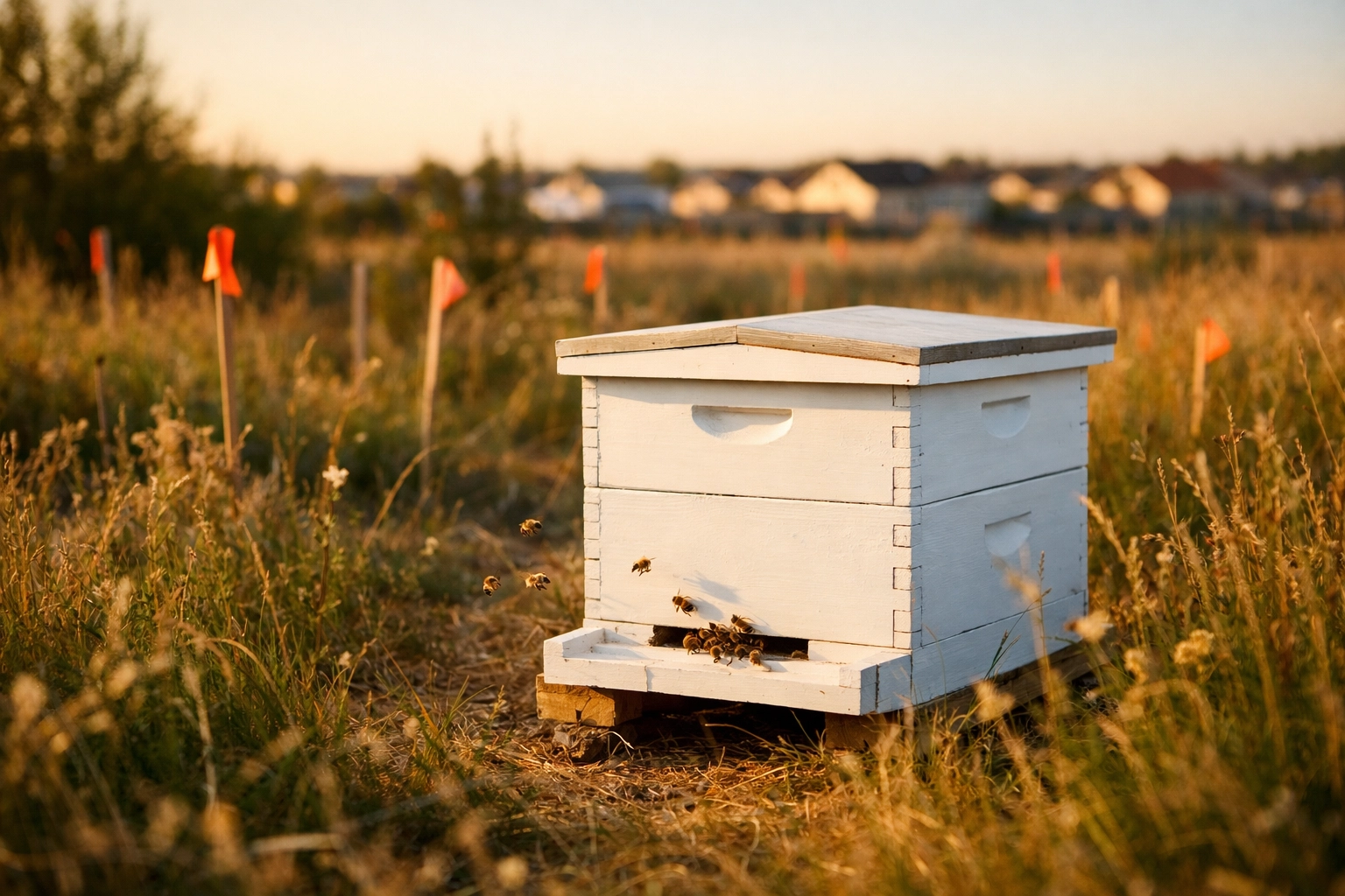 Beehive on development land with construction stakes in North Texas field