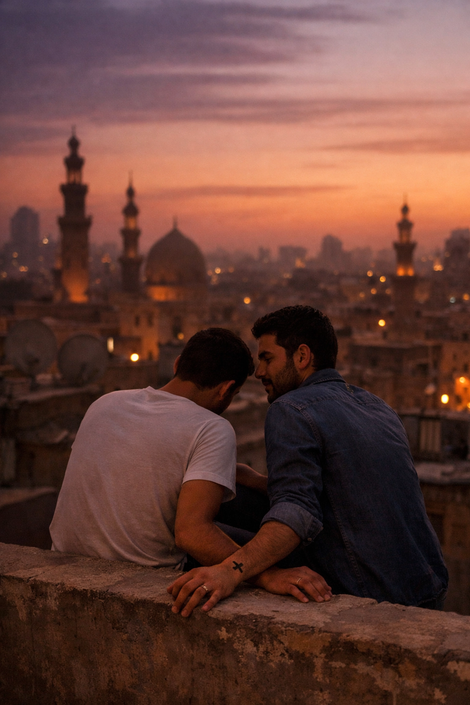 Gay couple sharing intimate moment on Cairo rooftop at sunset in Egypt
