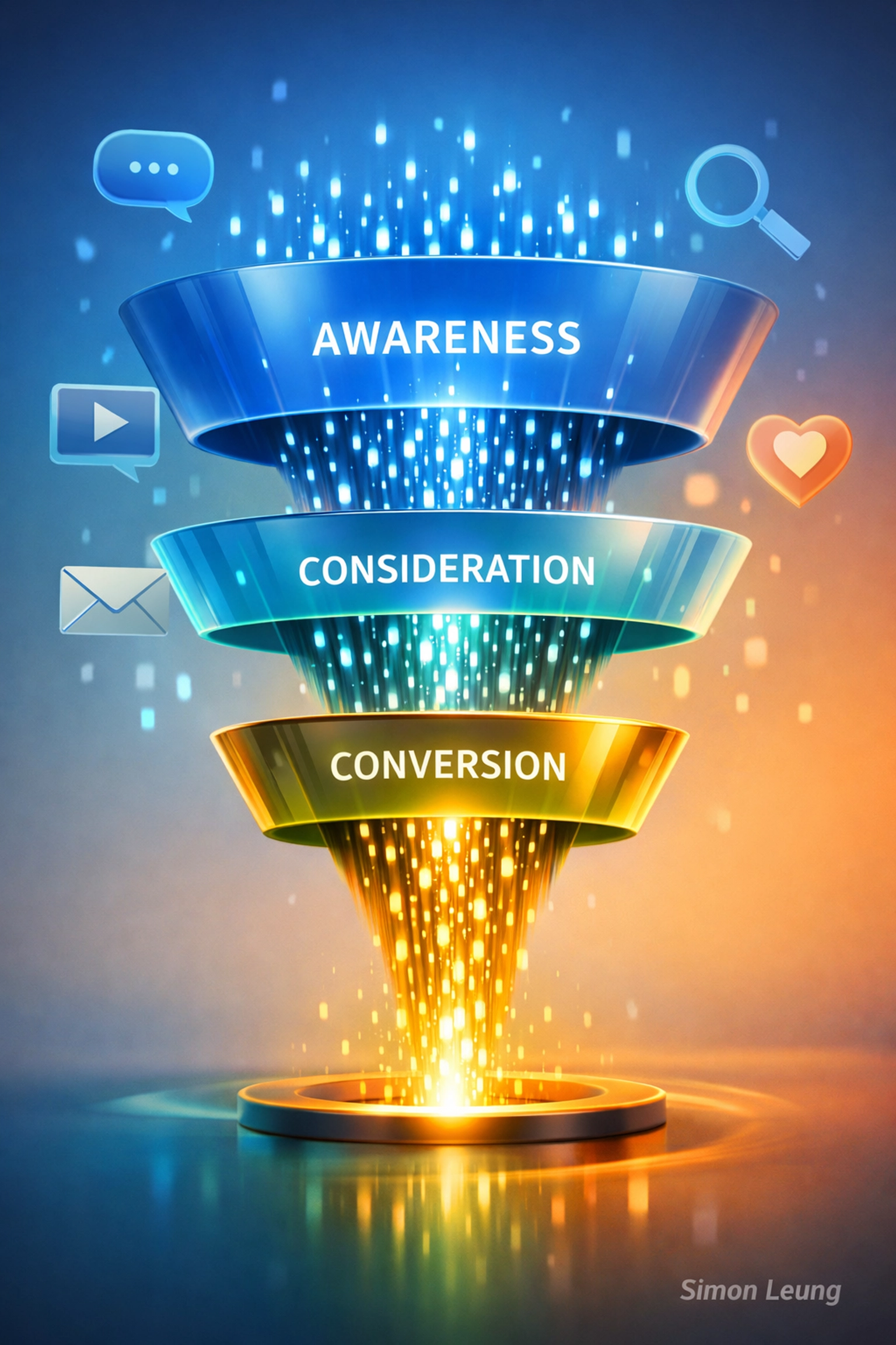 Digital marketing funnel showing customer journey stages and conversion paths - Simon Leung