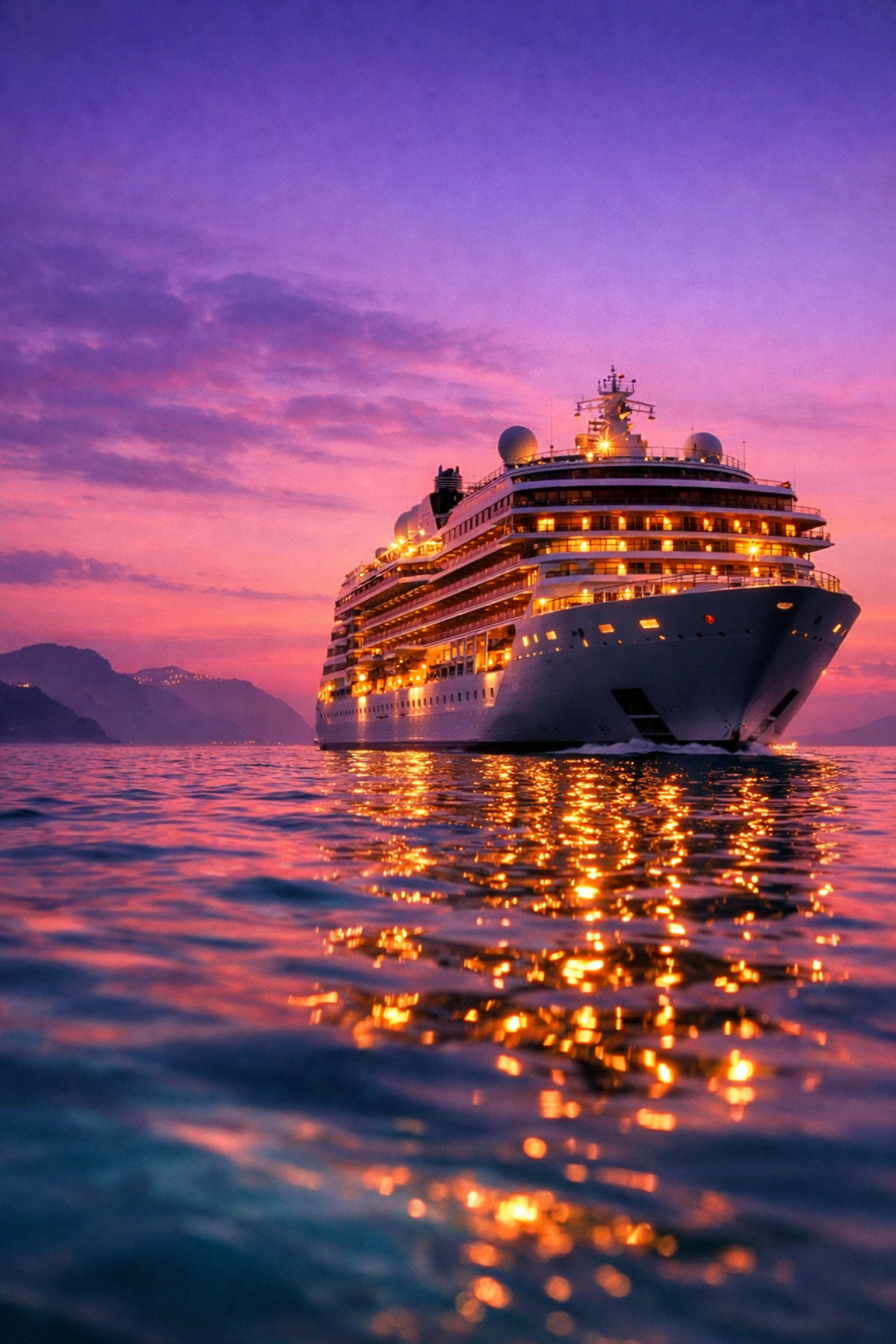 Luxury lifestyle cruise ship sailing Mediterranean waters at dusk