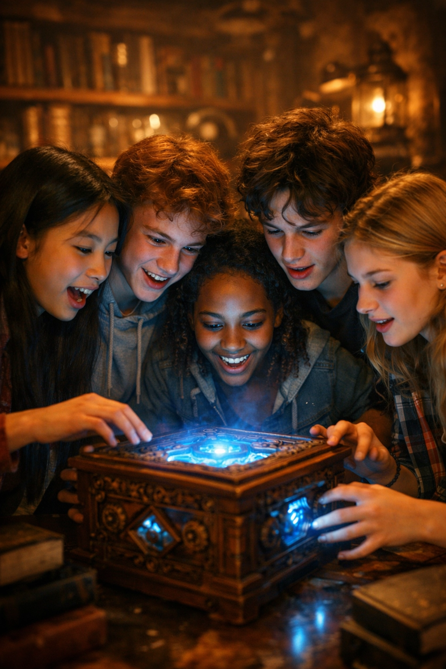 Students collaborating on immersive puzzles inside a wizard-themed mobile escape room for schools and camps.