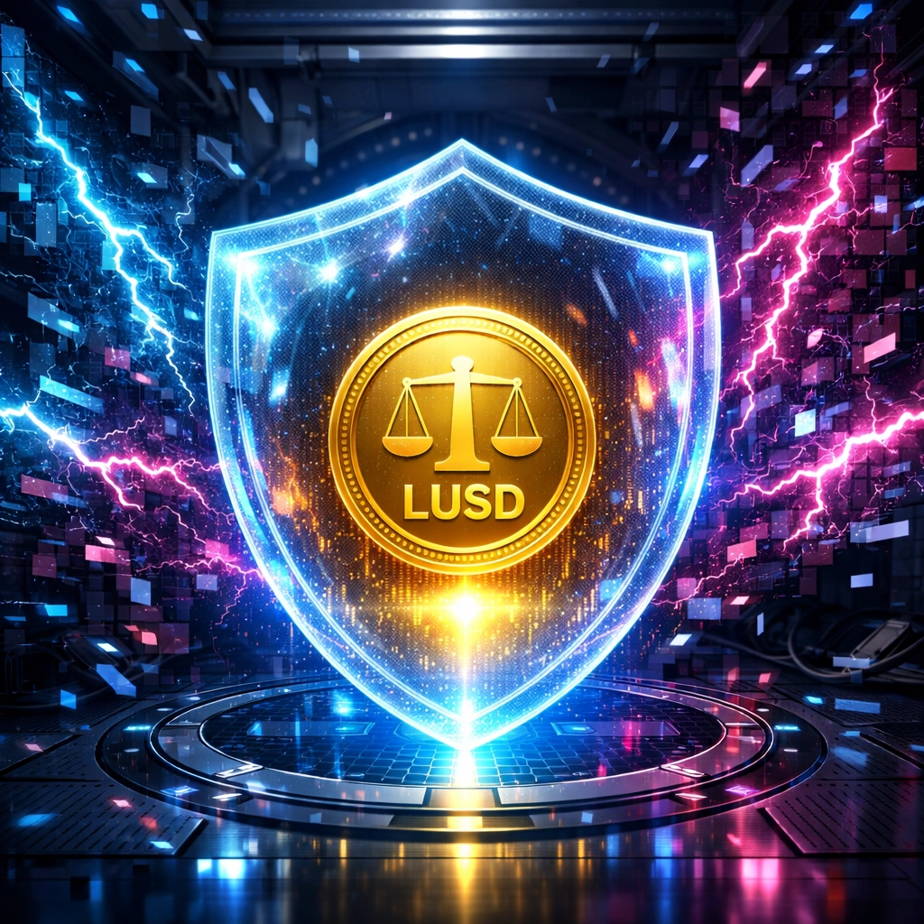 Stablecoin LUSD coin protected by a digital shield from market volatility for secure crypto POS payments.