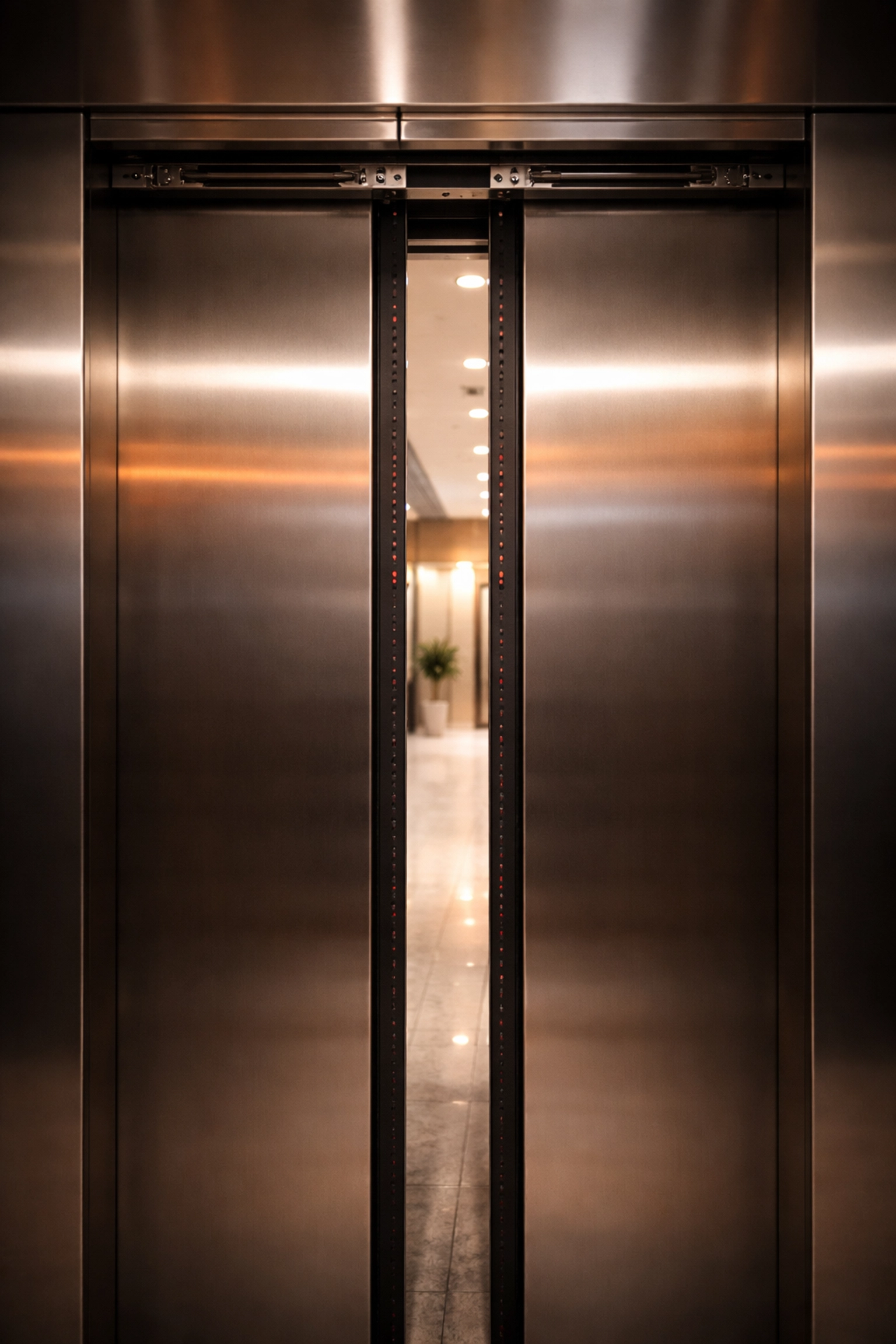 Close-up of elevator doors closing, highlighting reliability and safety mechanisms