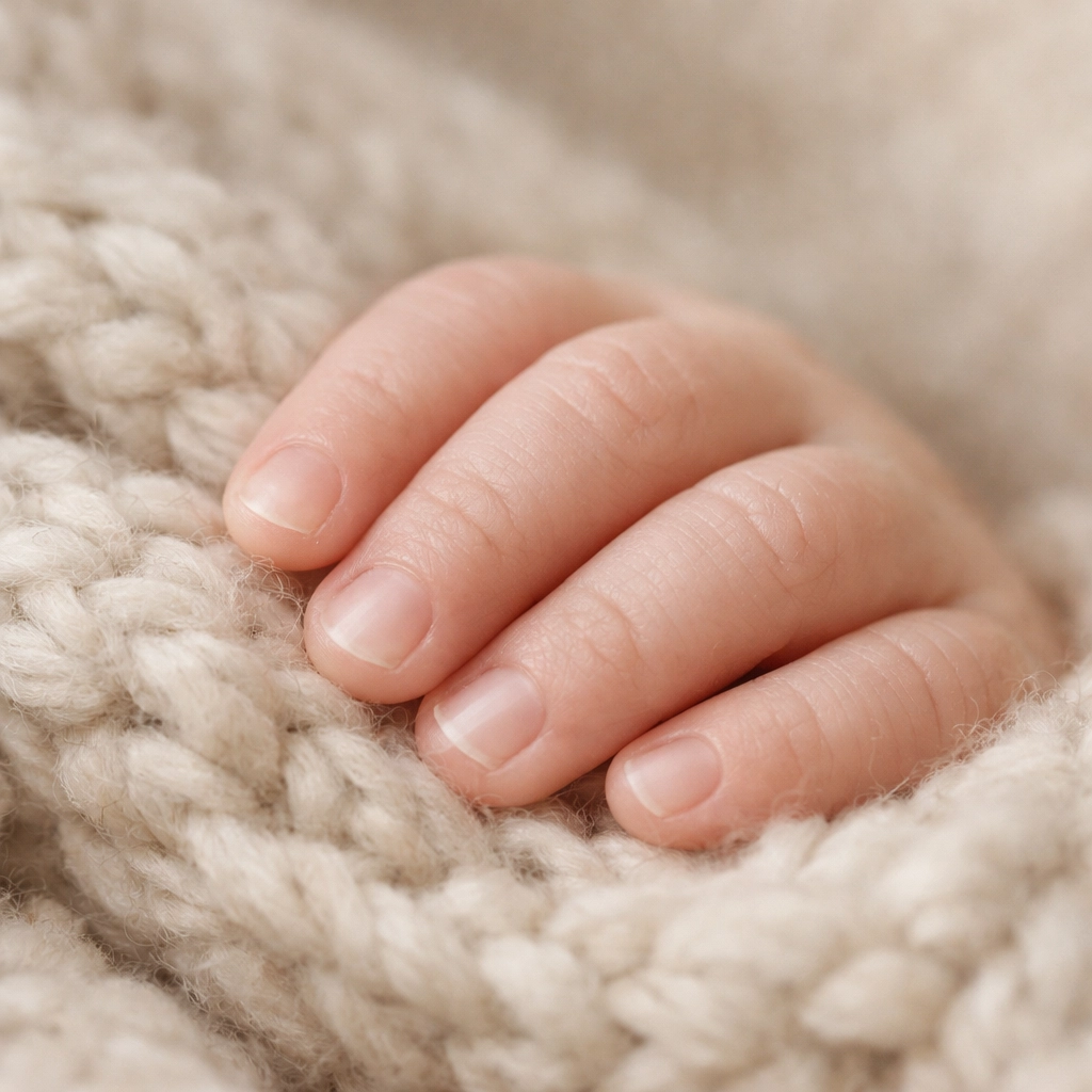 Macro detail of a newborn baby's tiny hand on a soft textured blanket in a Northern Beaches studio.