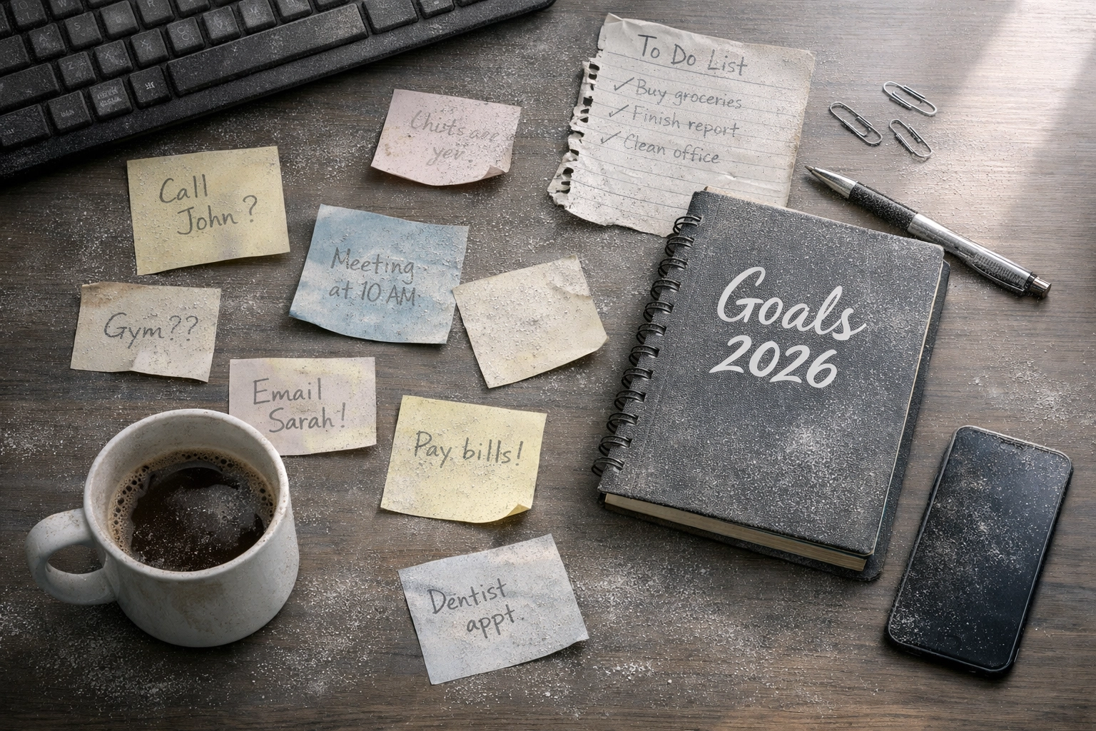 Abandoned goals and unfinished to-do lists on office desk showing lack of follow-through
