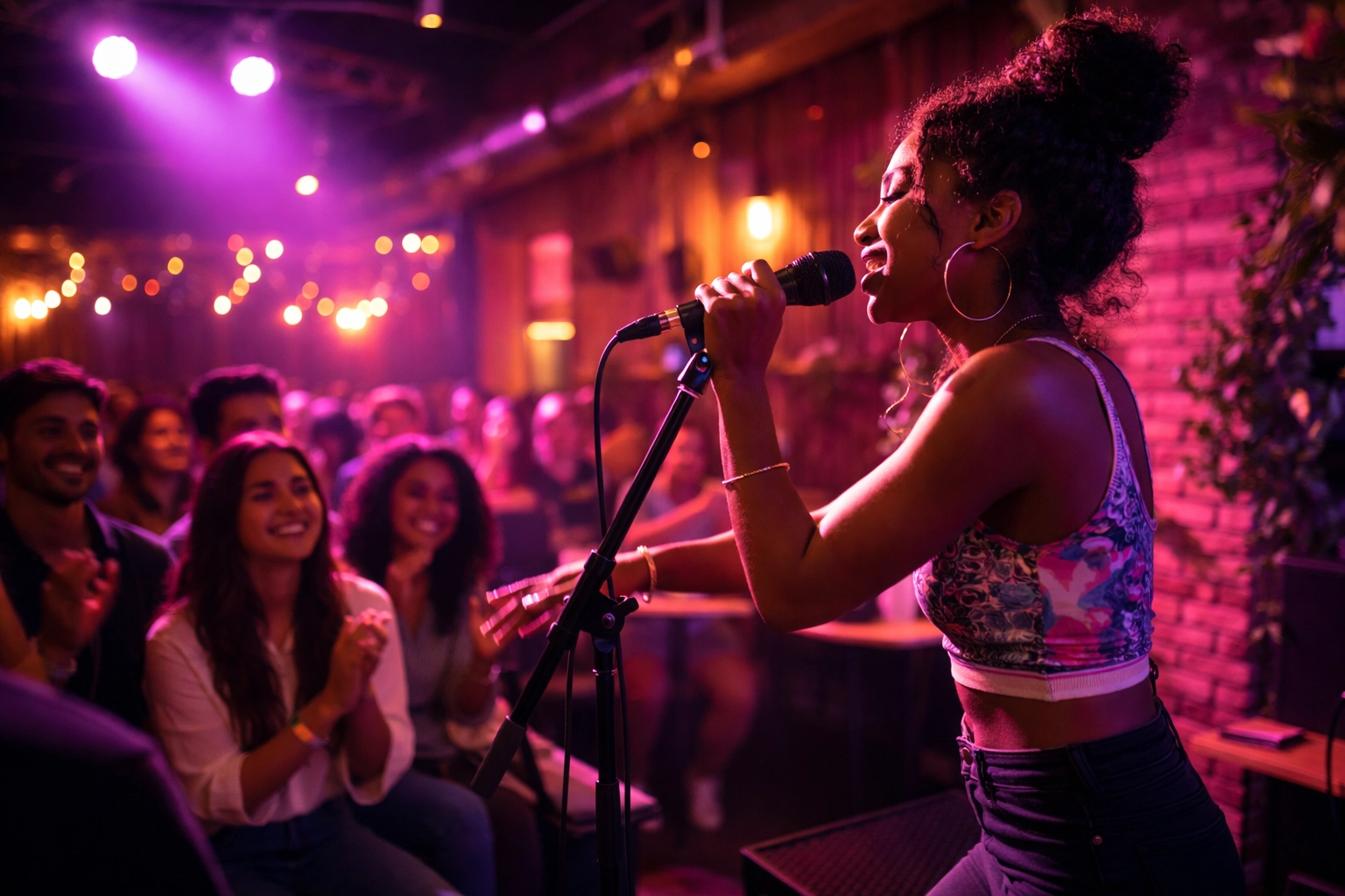 Singer connects with audience at an open mic in a Los Angeles venue, showcasing real-world performance experience