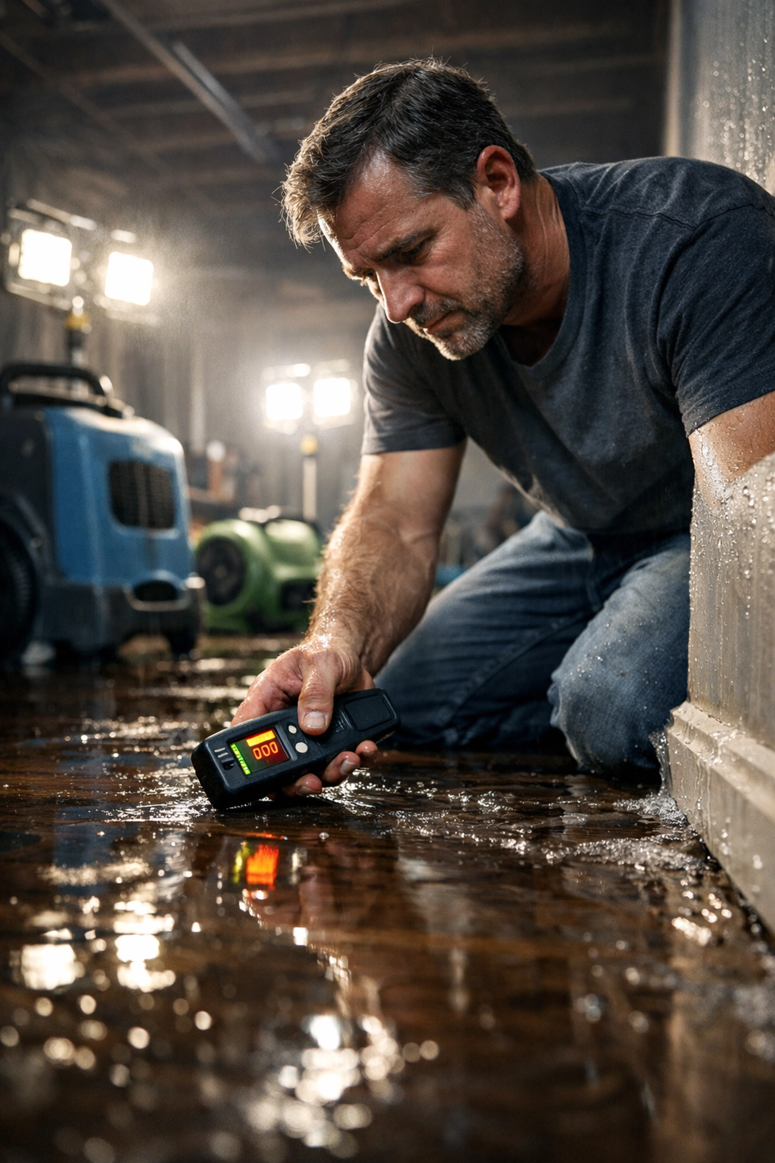 Professional water damage restoration with moisture meter and industrial dehumidifiers in flooded basement