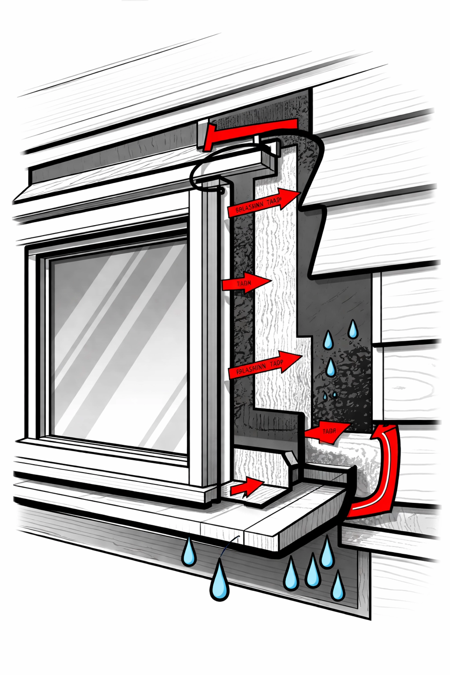 Illustrated diagram of effective window-to-siding integration with flashing, trim, and weatherproof sealant for energy-efficient homes.