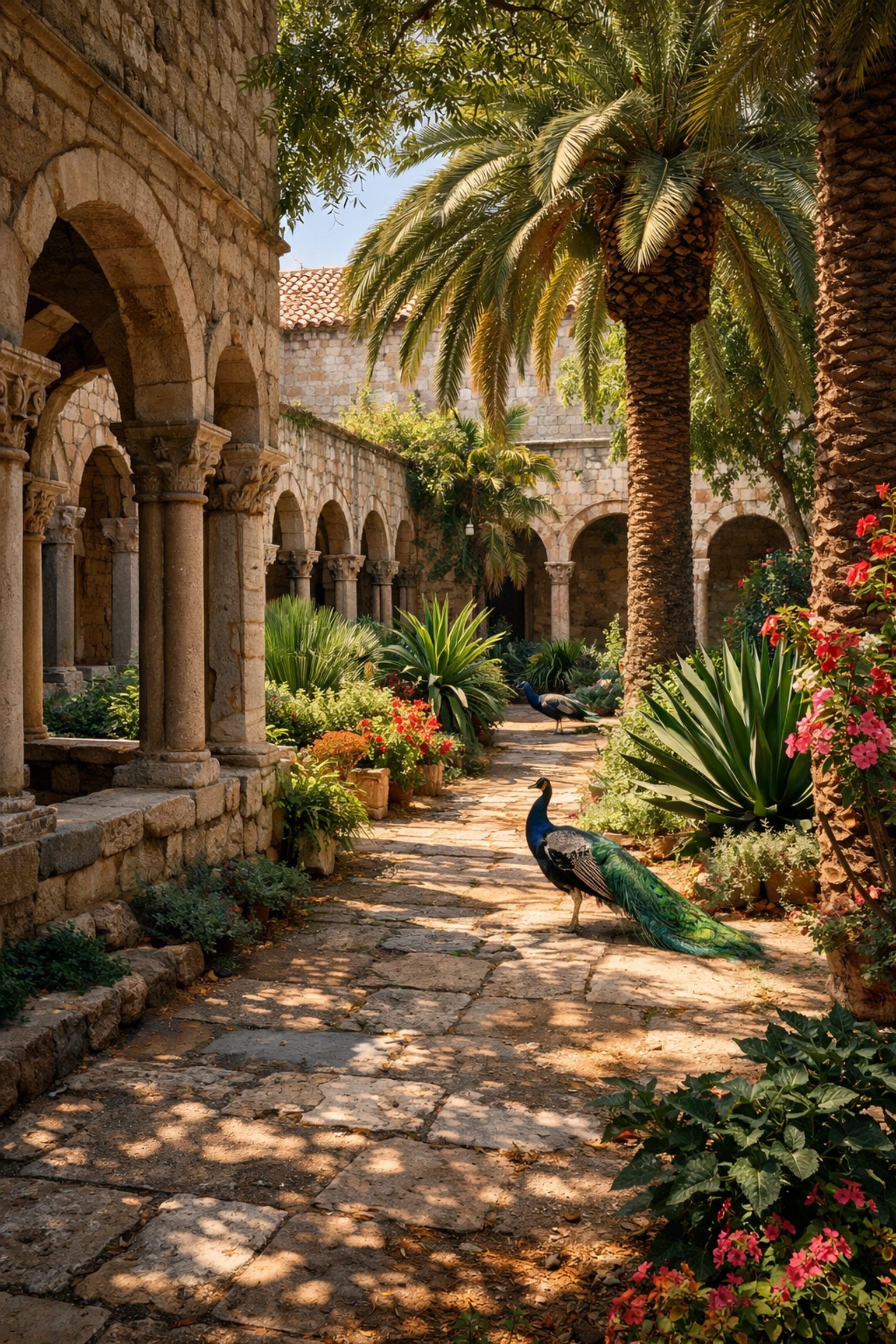 Historic Benedictine monastery gardens on Lokrum Island with peacocks