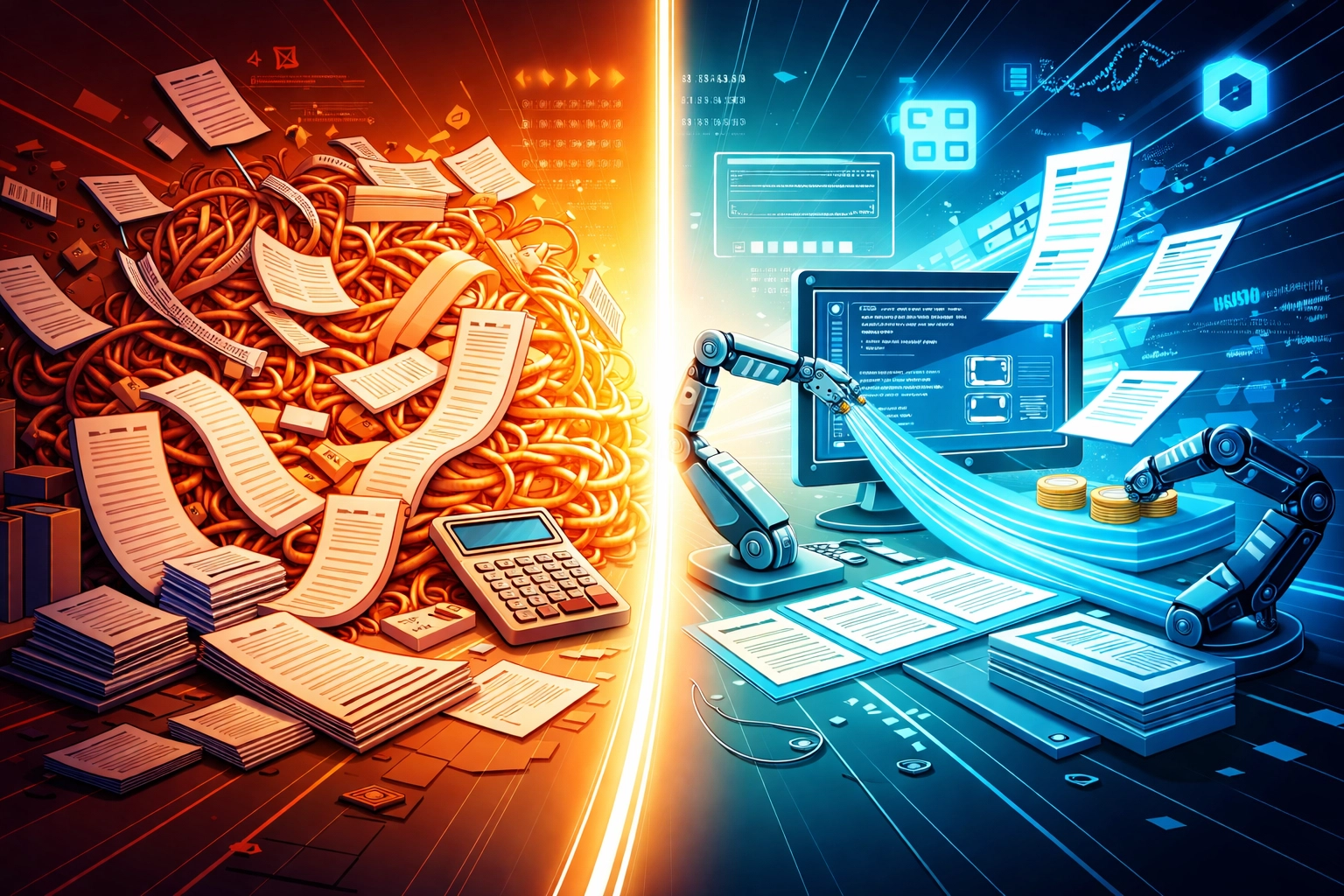 Visual comparison of chaotic paper receipts and streamlined automated crypto payment processing, highlighting efficiency