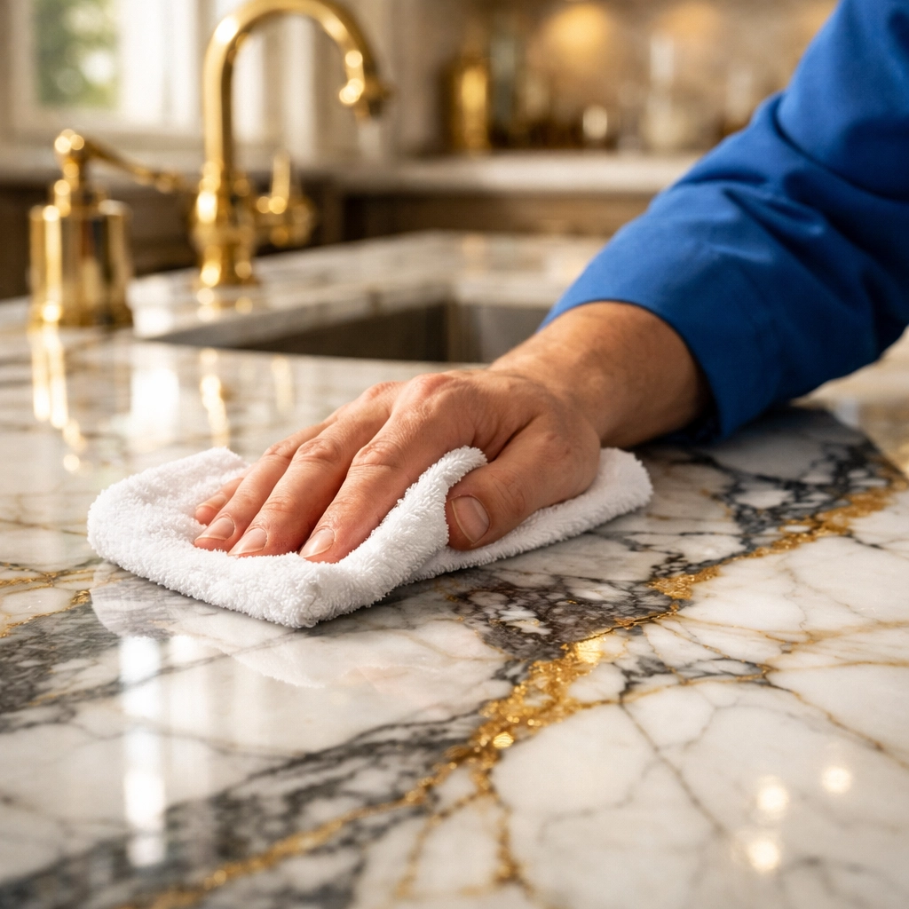 Professional luxury house cleaning of a rare Calacatta marble countertop in a high-end Weston kitchen.