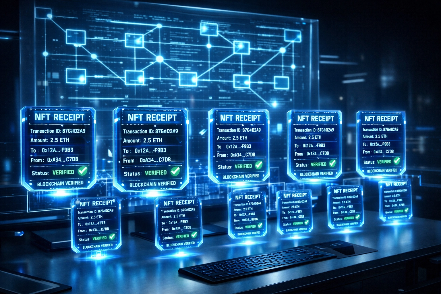 NFT receipt tokens showing blockchain-verified crypto transaction data and timestamps