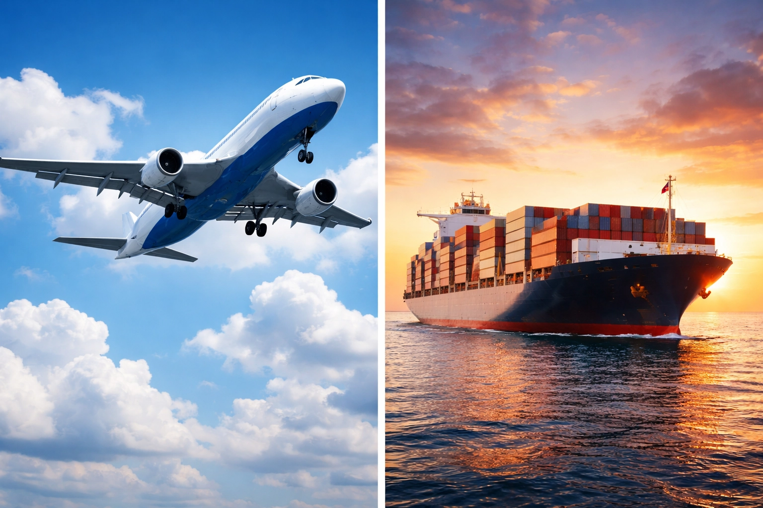 Split image comparing cargo airplane and container ship, illustrating PSI’s air freight and ocean freight shipping options.