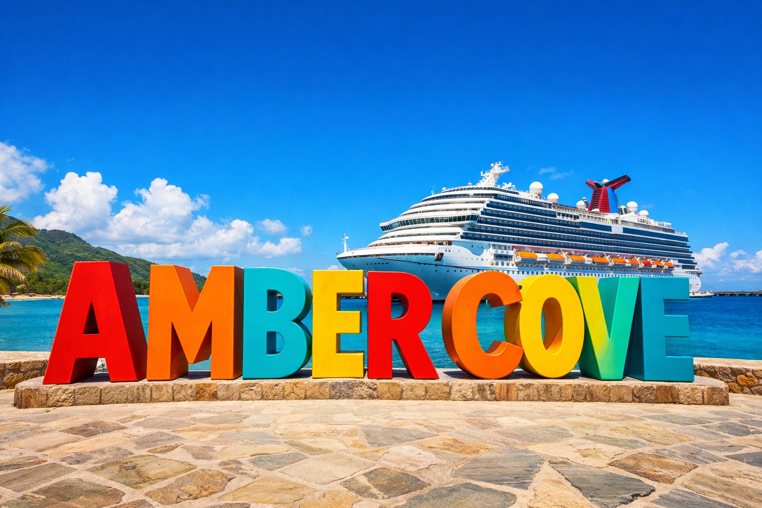 The vibrant Amber Cove landmark sign with a Carnival cruise ship in the tropical background.