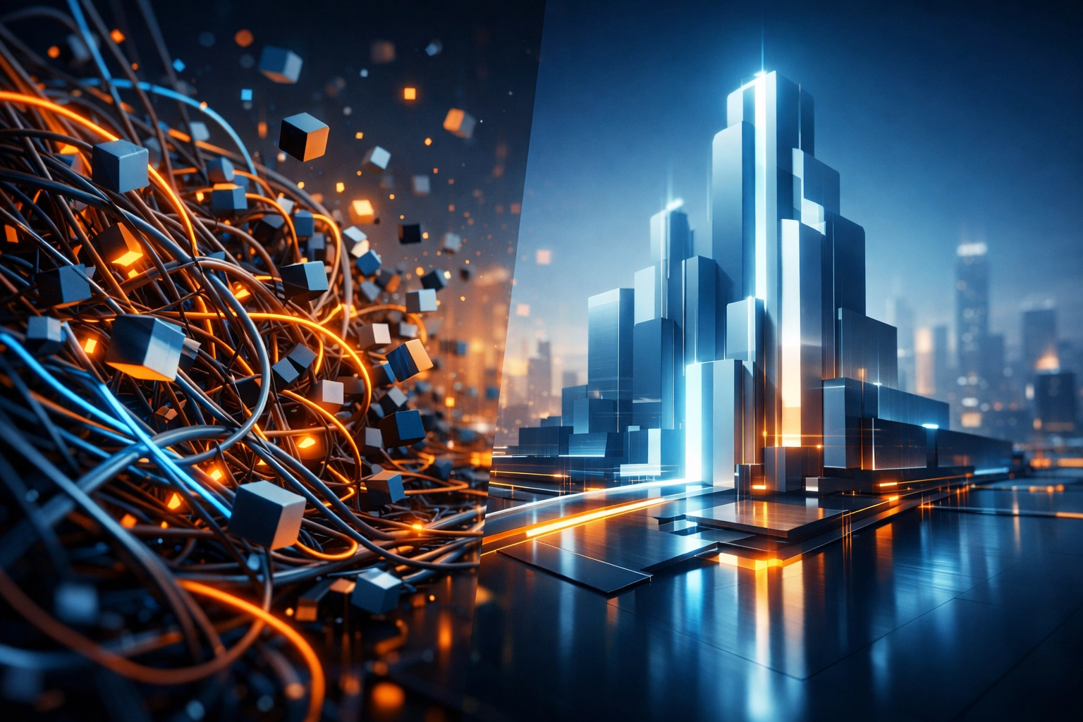 Visual comparison between complex microservices and efficient monolithic software architecture.