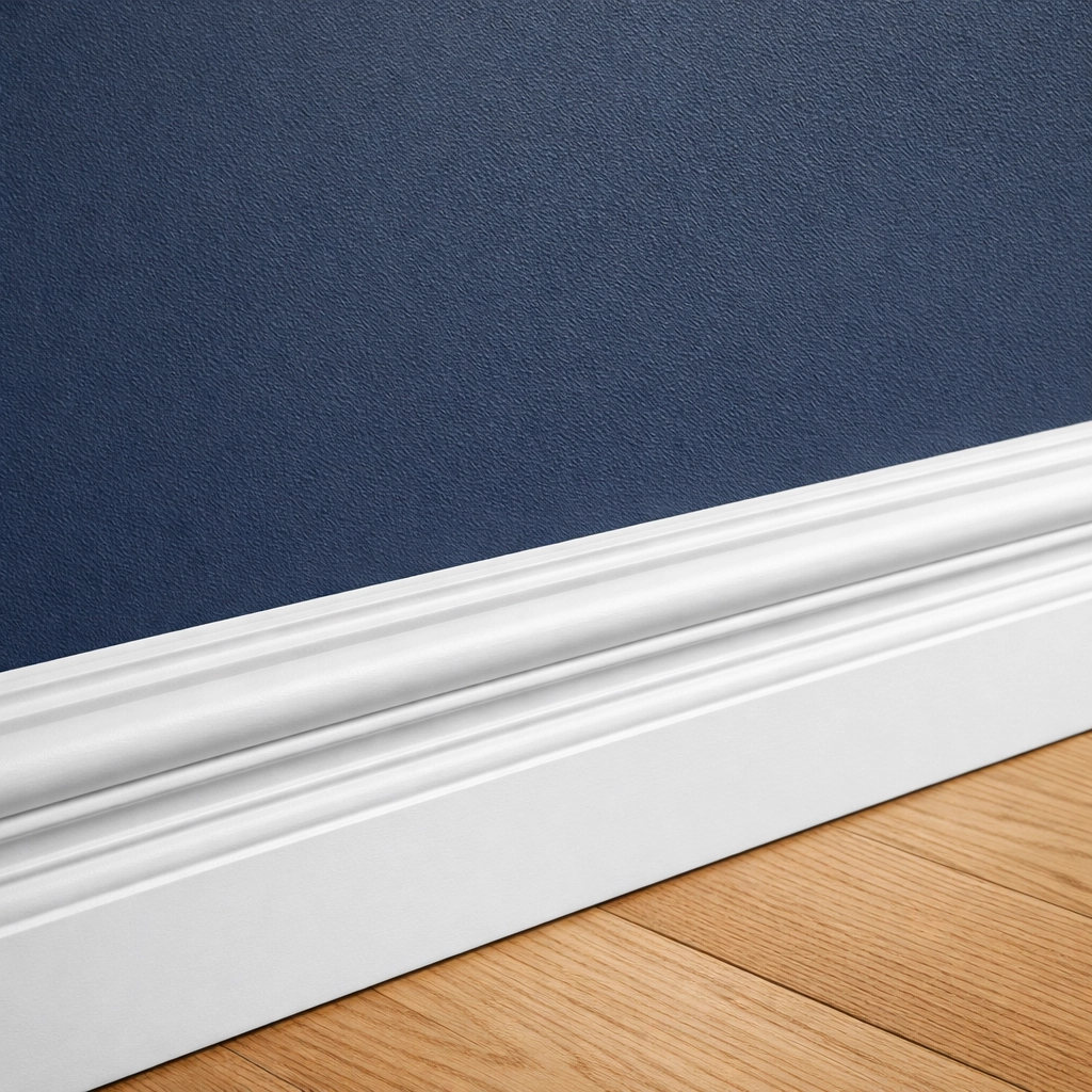 Detail of clean white baseboards and navy walls after a professional apartment cleaning in Boston move-out.