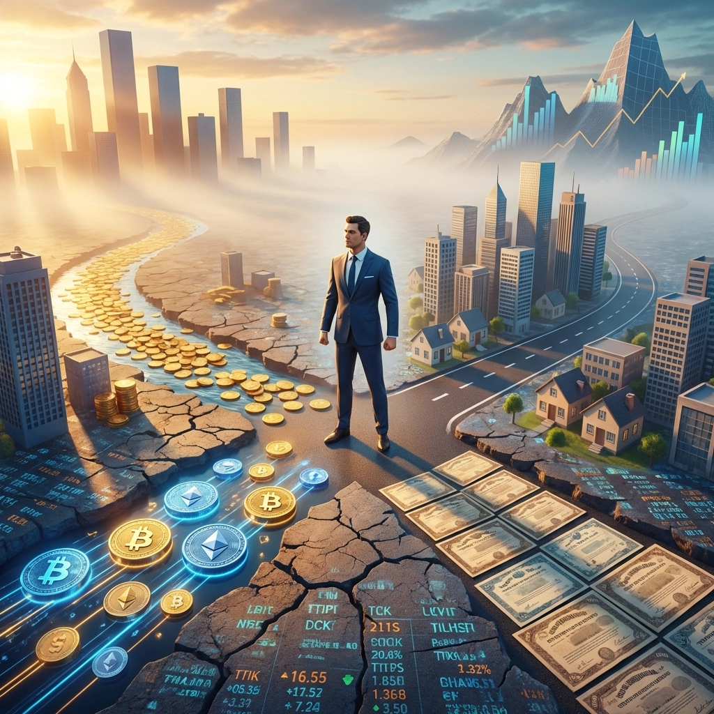 Investor facing diverse portfolio options including stocks, real estate, and crypto, symbolizing diversification choices