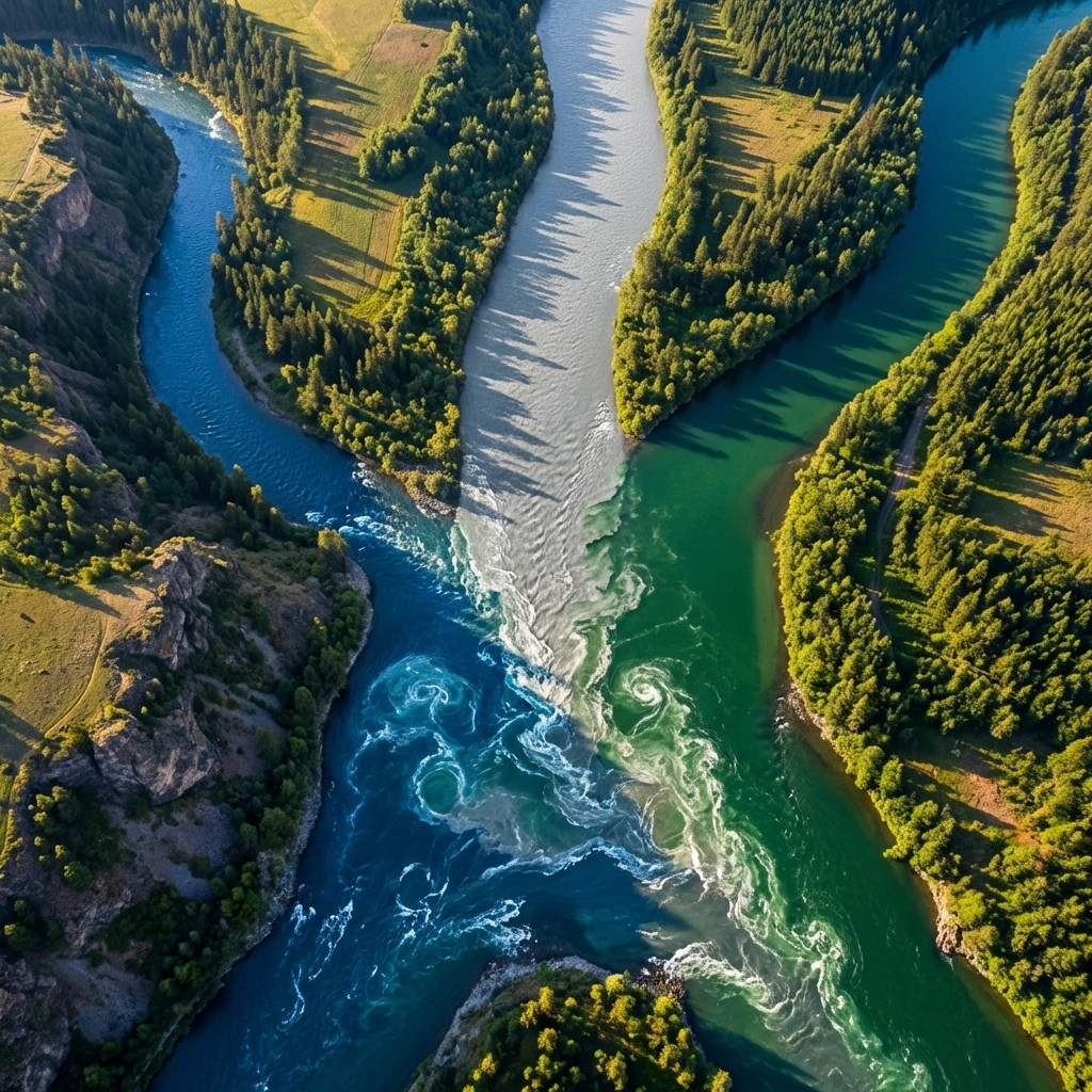 Three distinct rivers, symbolizing equities, bonds, and alternatives, merge into one strong stream, illustrating the 40/30/30 investment diversification model.