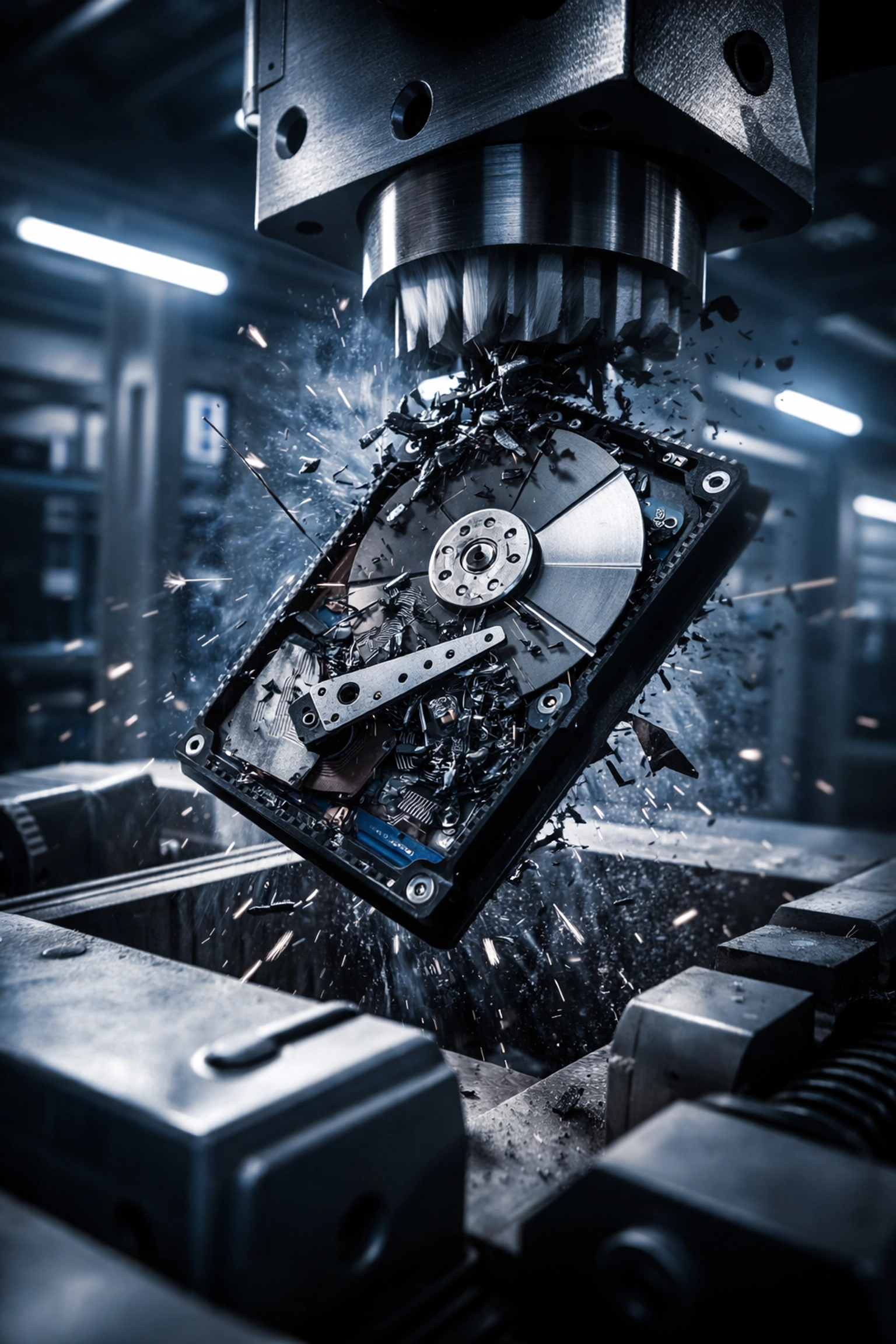Hard drive being physically destroyed in a secure data destruction facility for certified IT asset disposition