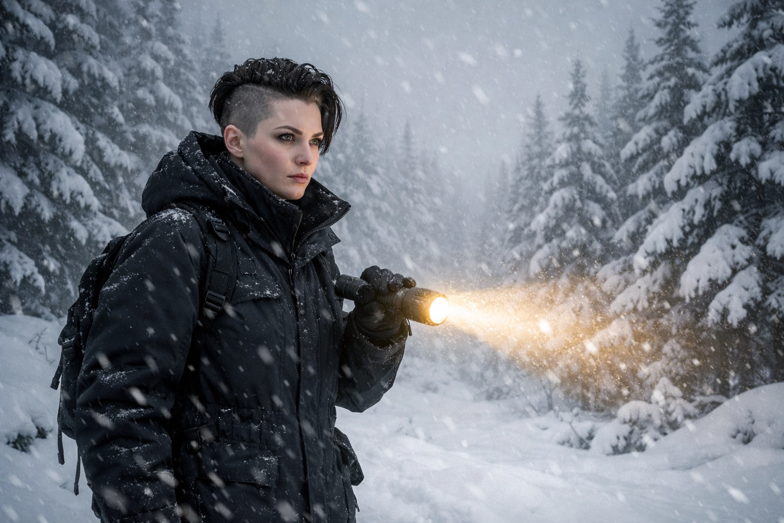 Lesbian detective in a snowy Norwegian forest, a staple setting for a gay psychological thriller.