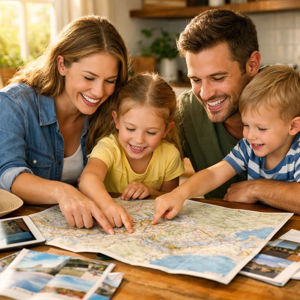 The Ultimate Guide to Stress-Free Family Travel: Everything You Need to Succeed from Packing to Posing 1 A happy family planning their stress-free vacation with a map and tablet at the kitchen table.