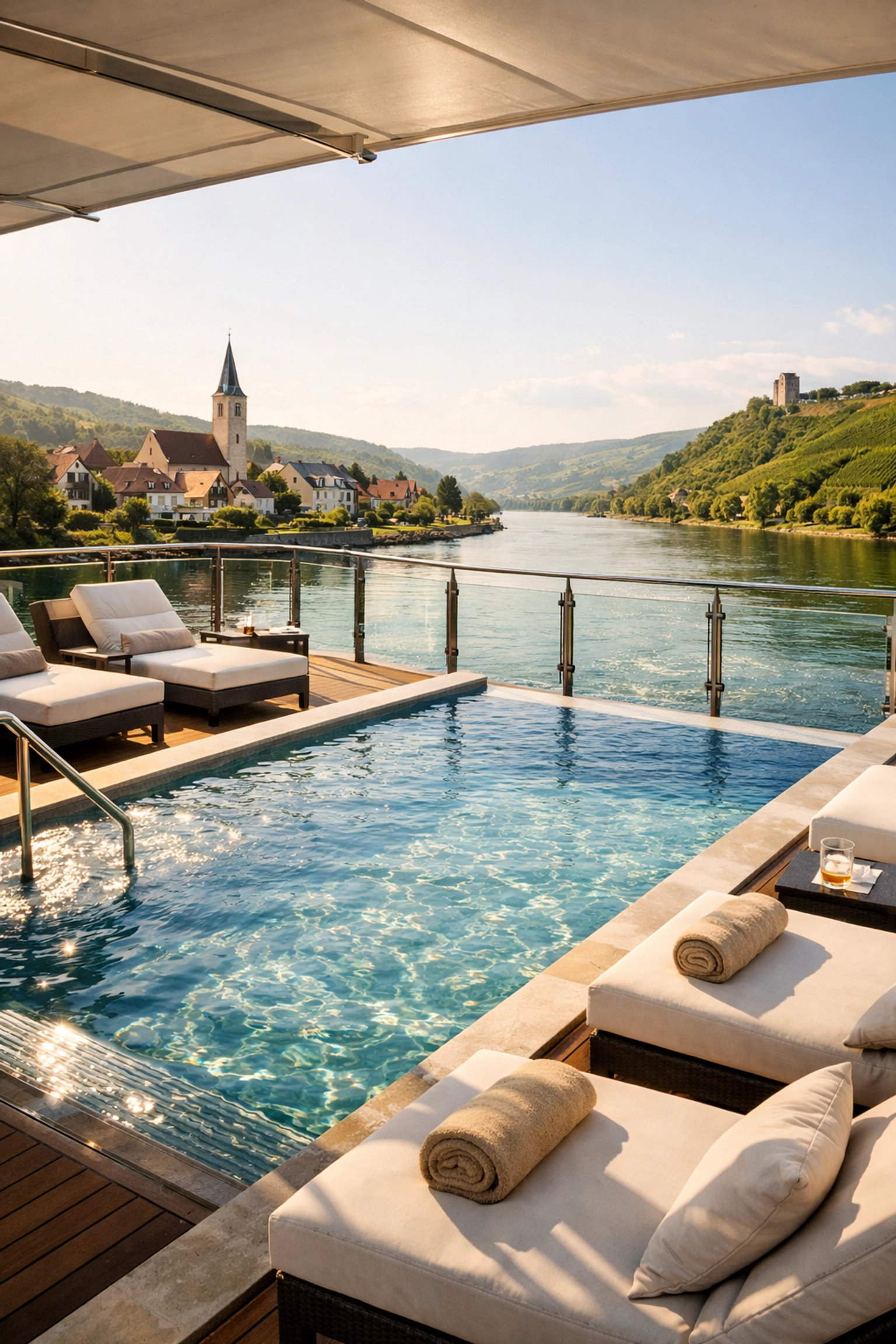 Infinity pool on Celebrity river cruise ship deck with panoramic European countryside views