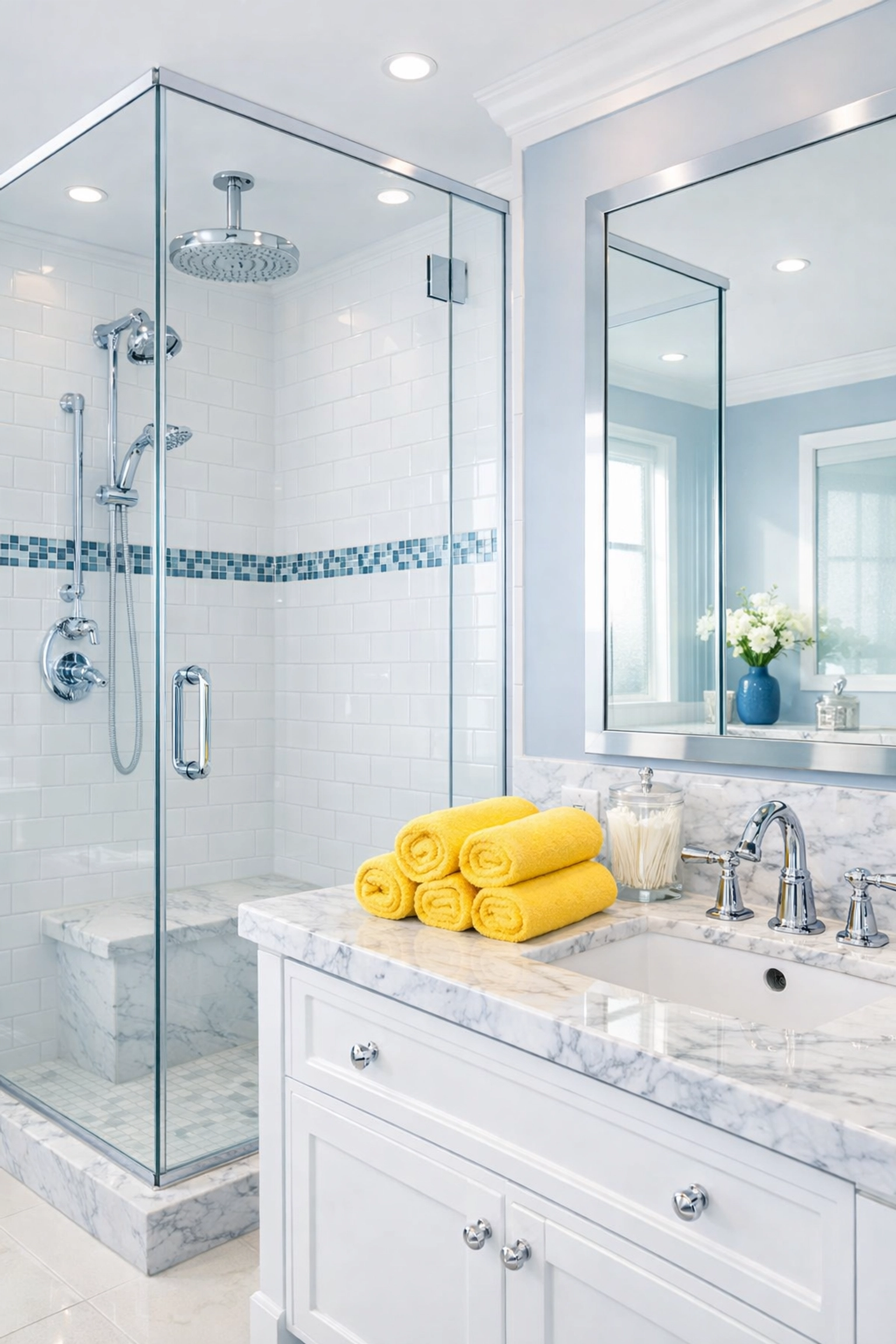 Streak-free glass and sparkling fixtures in a luxury bathroom cleaned by Danvers professional house cleaners.