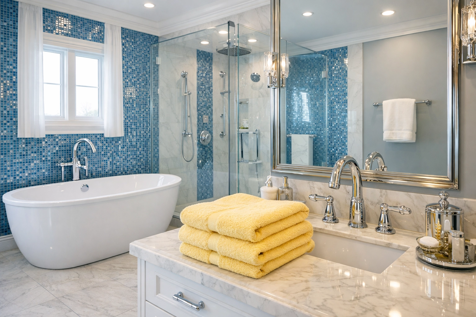 Deep cleaned luxury bathroom featuring a spotless vanity and tub by professional cleaners Charlton MA.