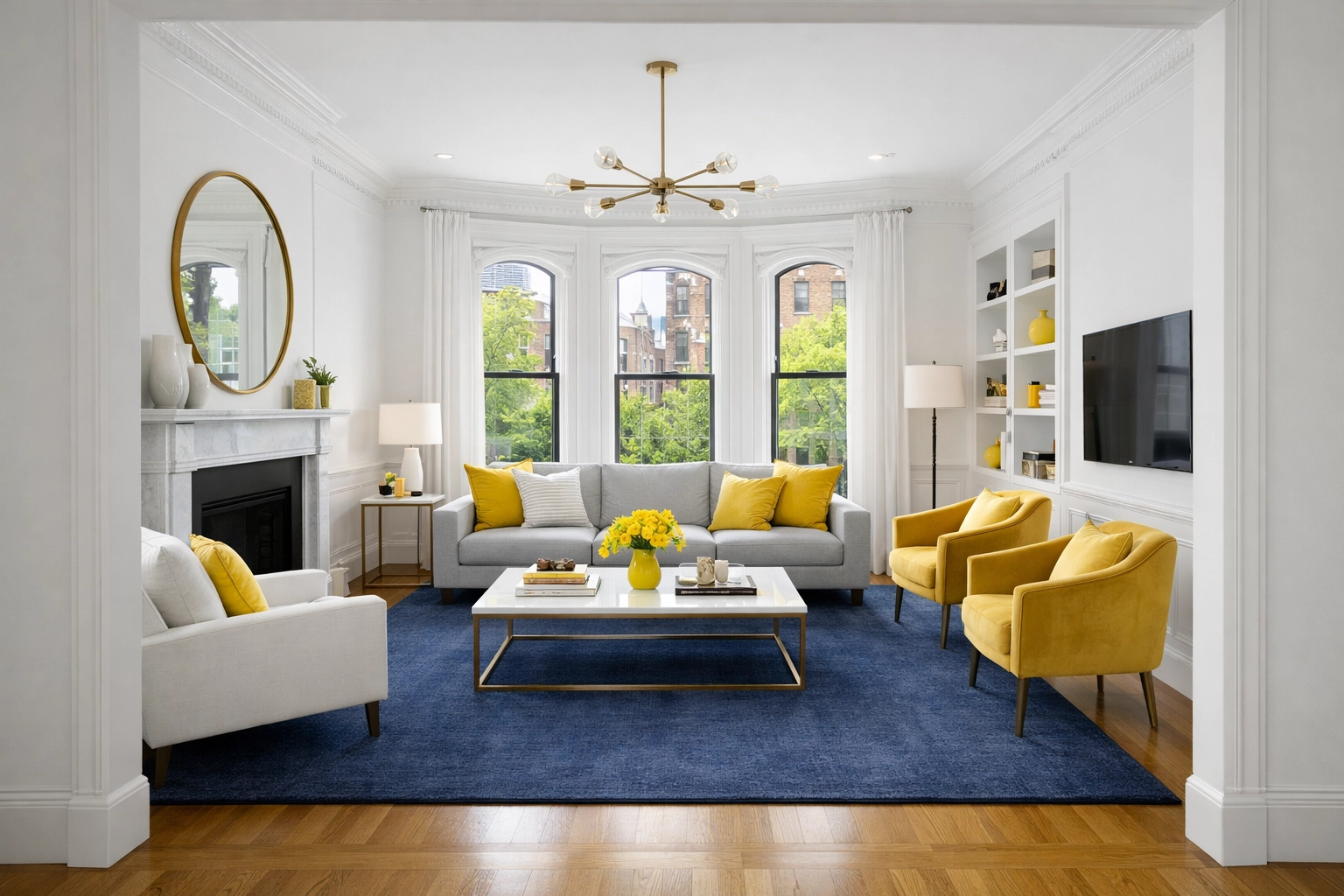 Spotless living room in a high-end Boston brownstone after professional apartment cleaning Boston.