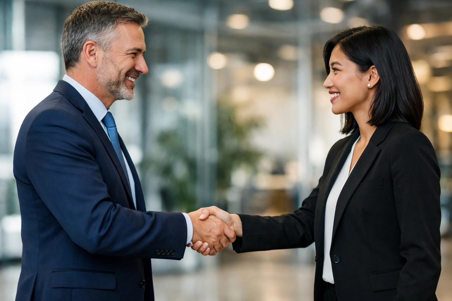 Two business professionals shaking hands to celebrate a successful closing with a business broker in Mississippi.