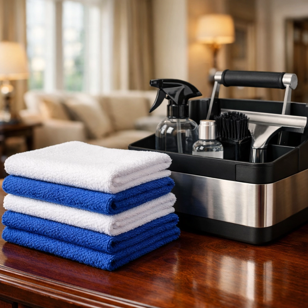 Professional cleaners MA using high-quality blue and white microfiber cloths in a luxury residential home.