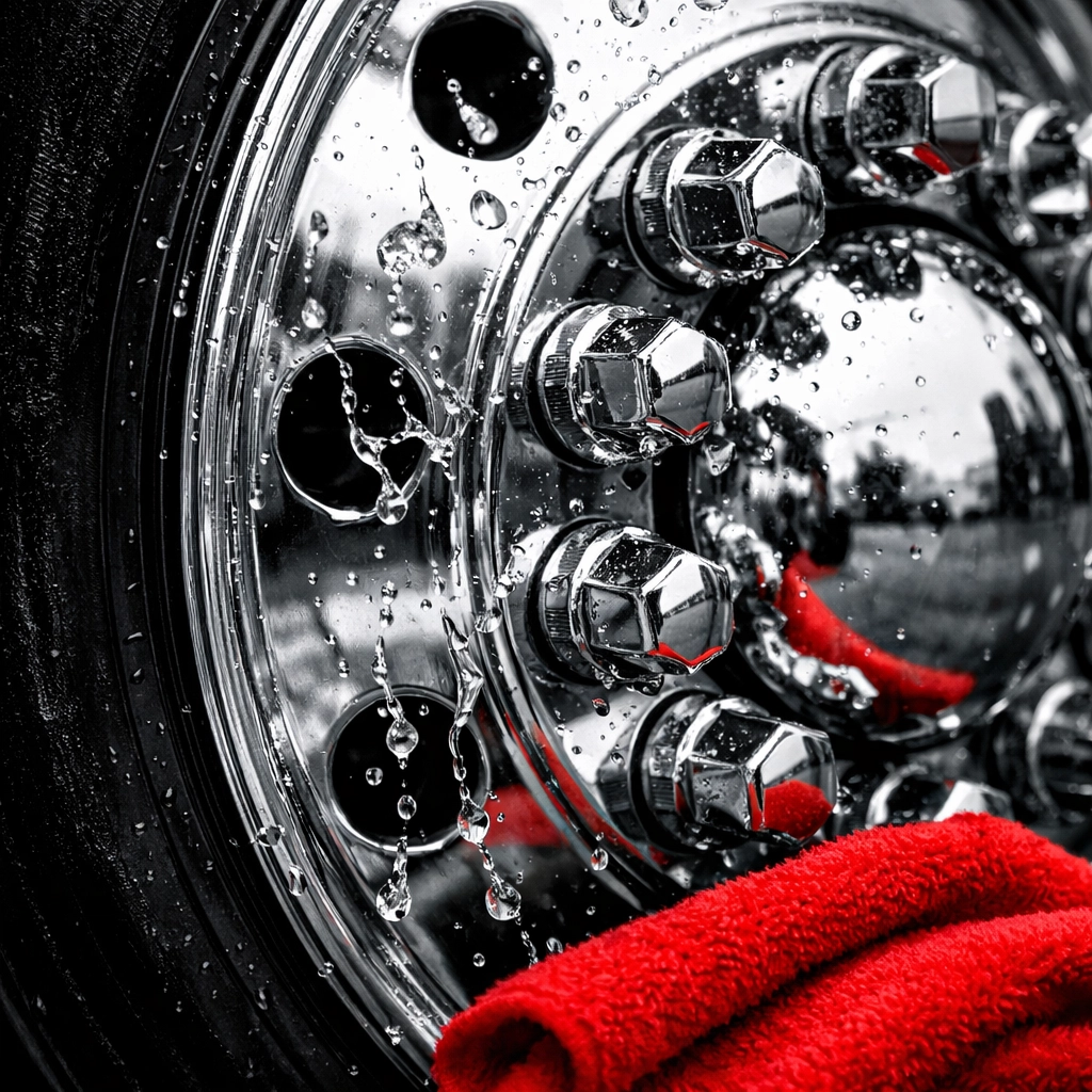 Polished semi-truck chrome wheel and tire representing a well-maintained, clean professional fleet.