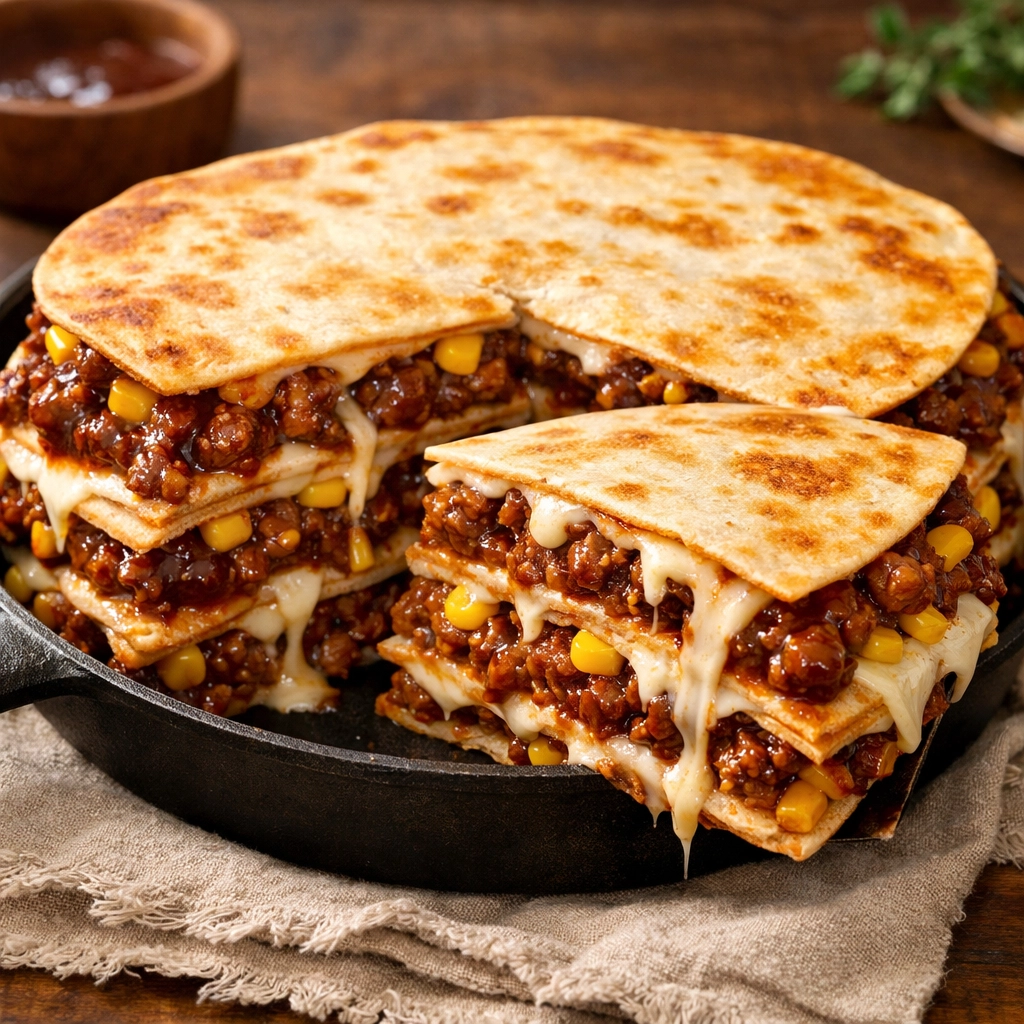 Layered 5-ingredient BBQ beef tortilla pie with melted cheese, a simple dinner idea for busy families.